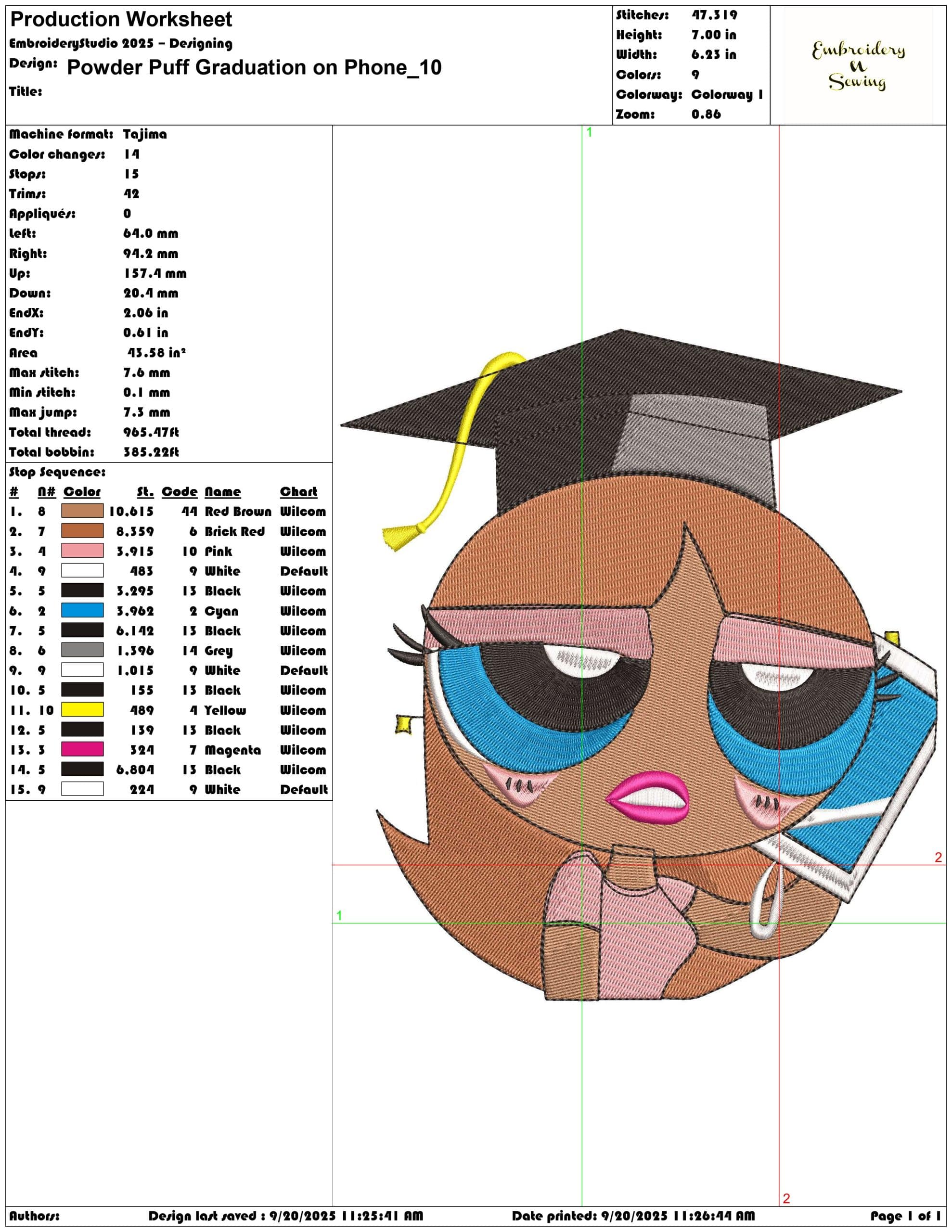 Powder Puff Graduation on Phone - Elegant embroidery design file - instant download — view 3