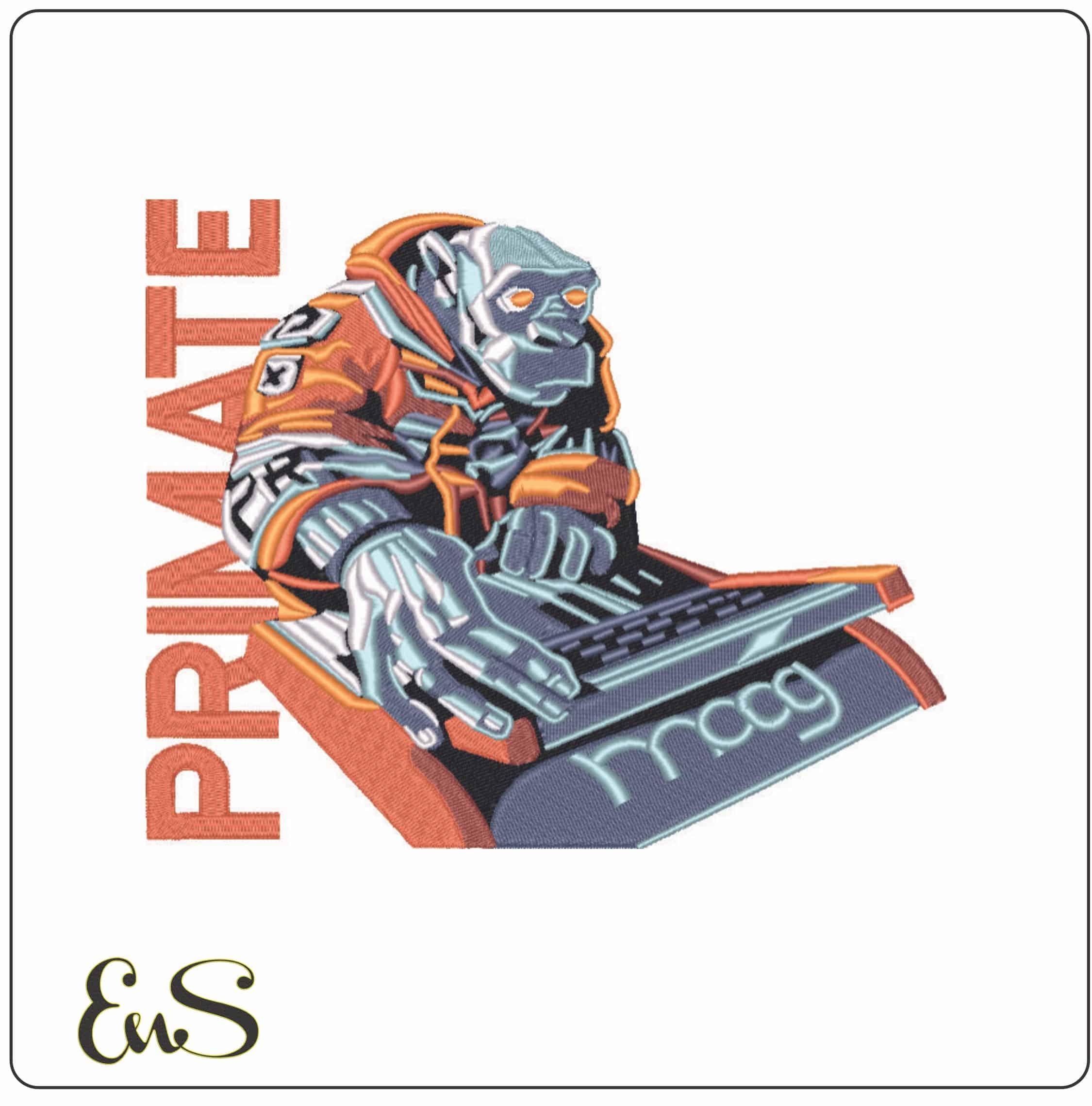 Primate on a computer - Elegant embroidery design file - instant download