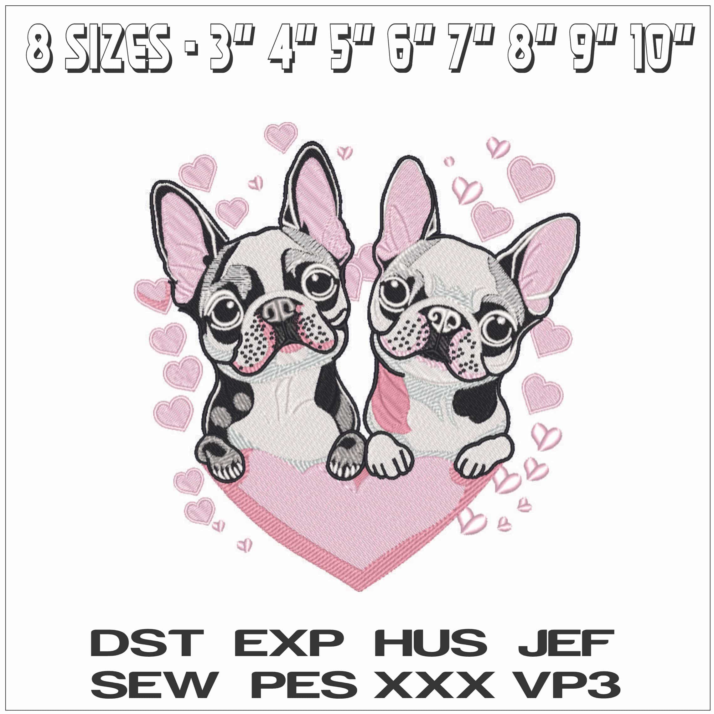 Pug Puppy Love with Hearts- Elegant embroidery design file - instant download — view 2