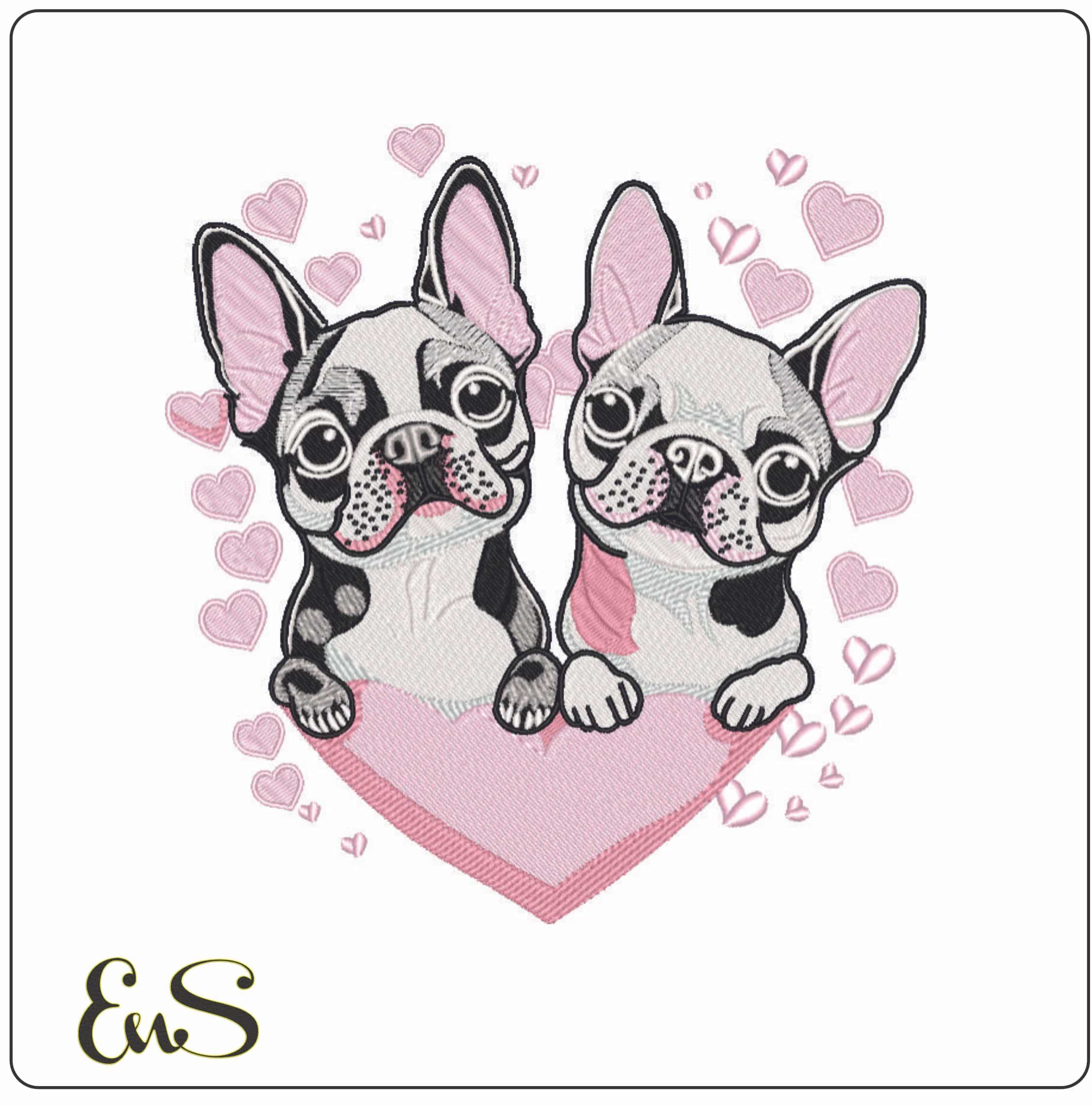 Pug Puppy Love with Hearts- Elegant embroidery design file - instant download
