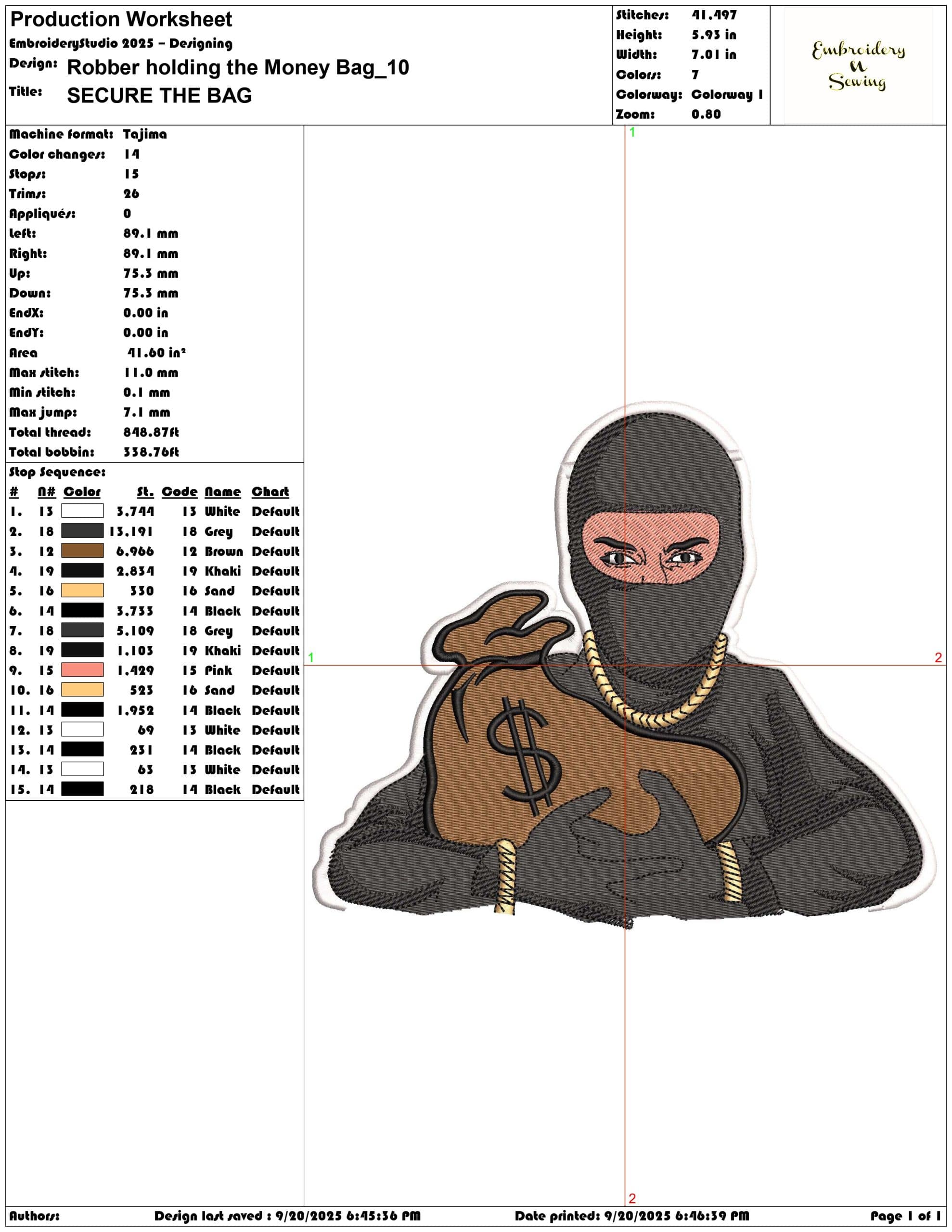 Robber holding the Money Bag- Elegant embroidery design file - instant download — view 3