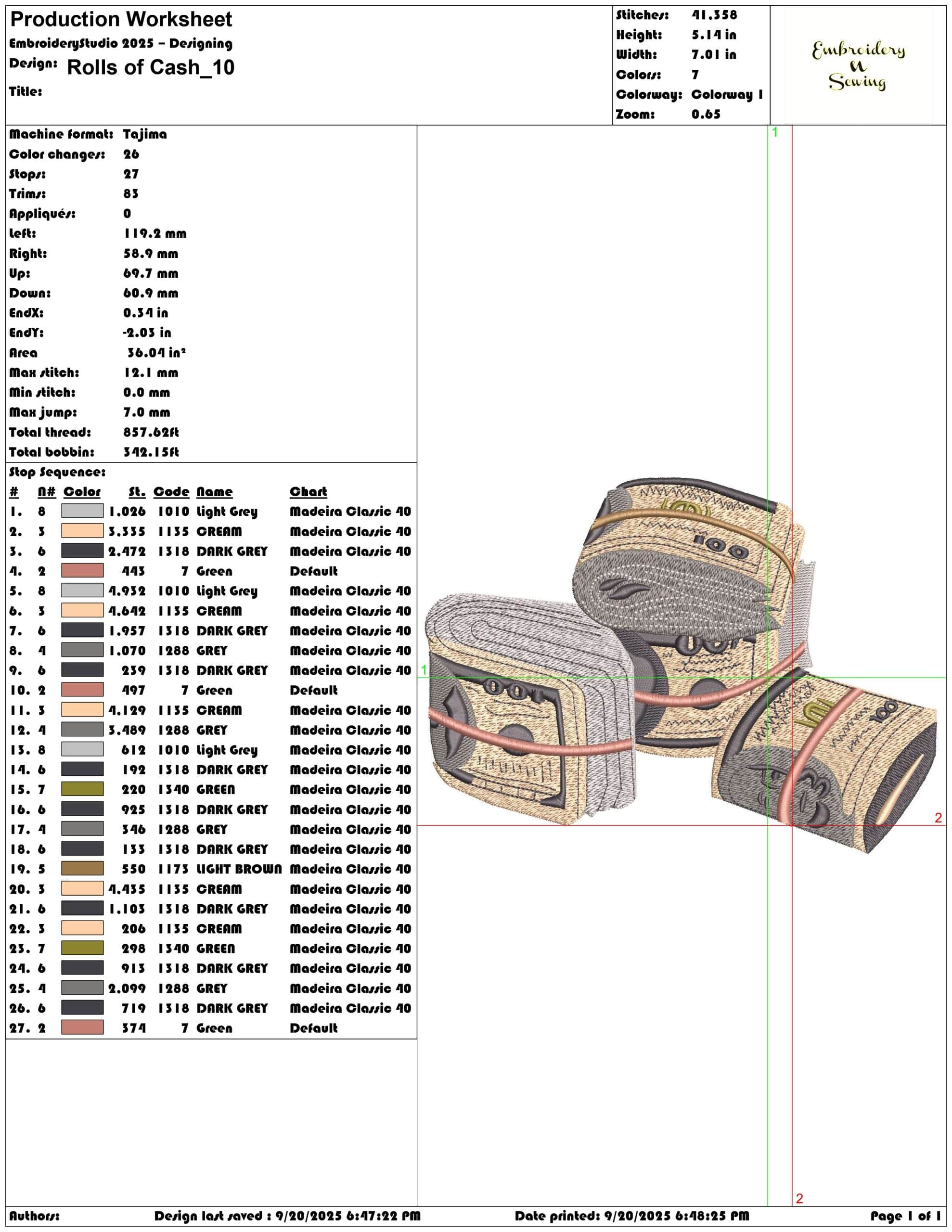 Rolls of Cash- Elegant embroidery design file - instant download — view 3