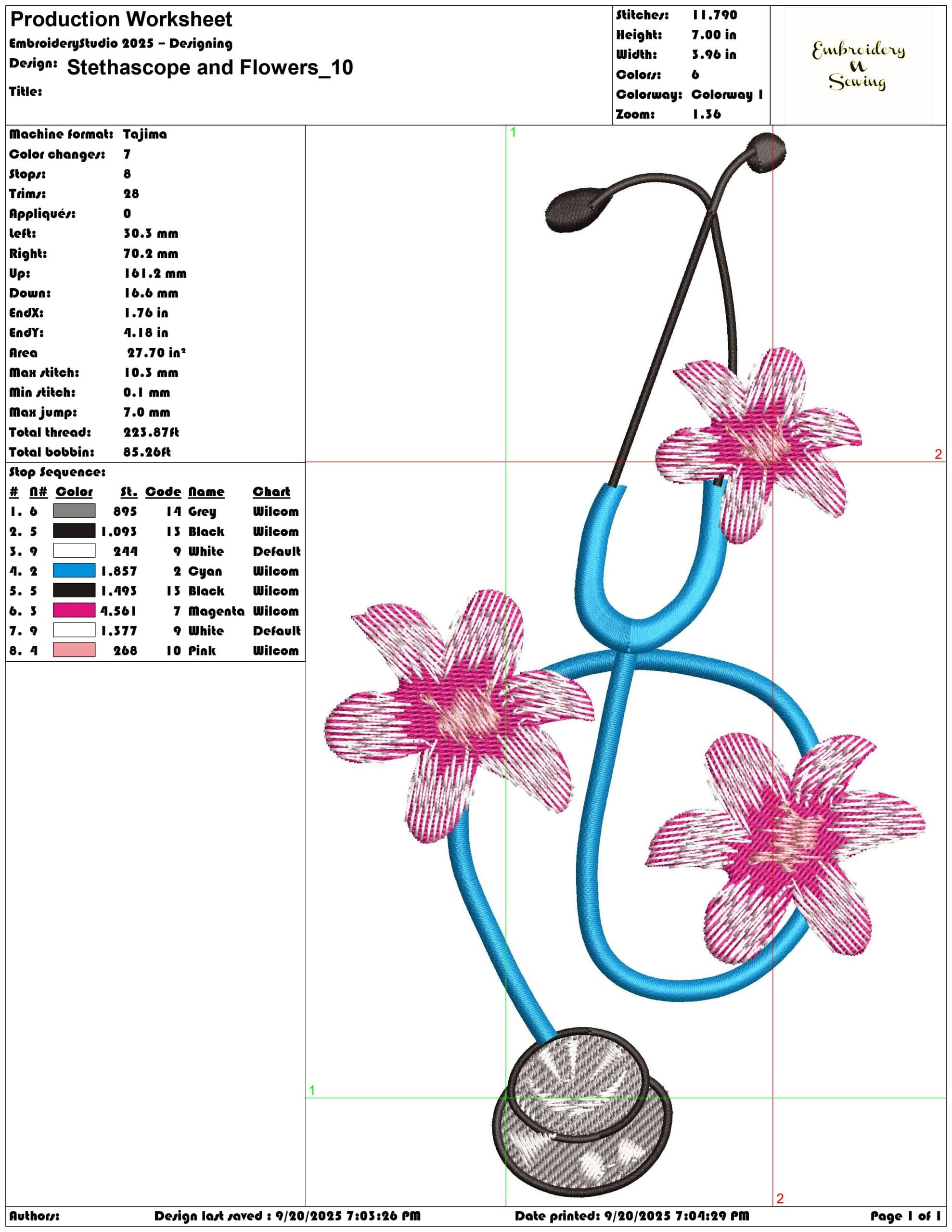 Stethascope and Flowers- Elegant embroidery design file - instant download — view 3