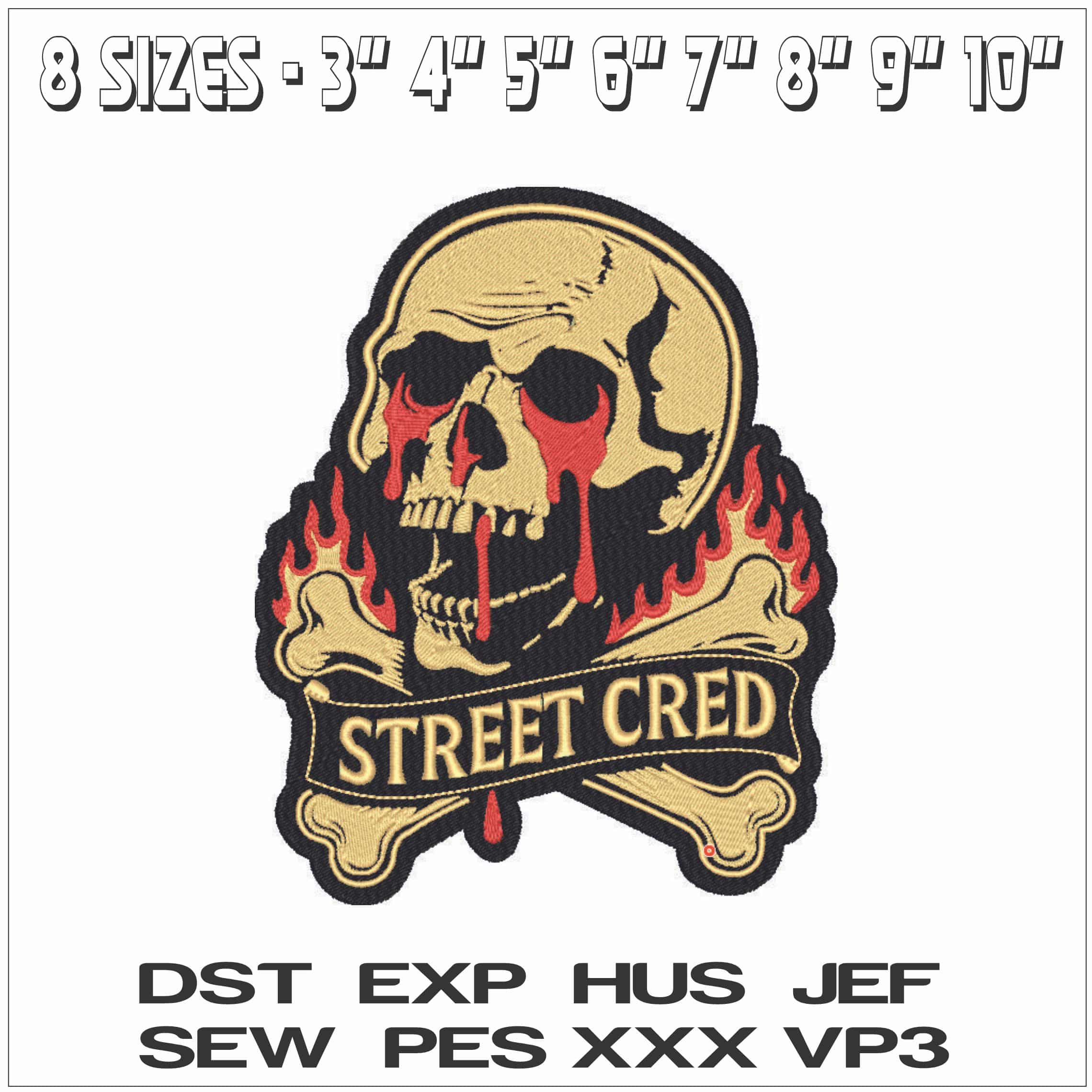 Street Cred Skull and Bones- Elegant embroidery design file - instant download — view 2