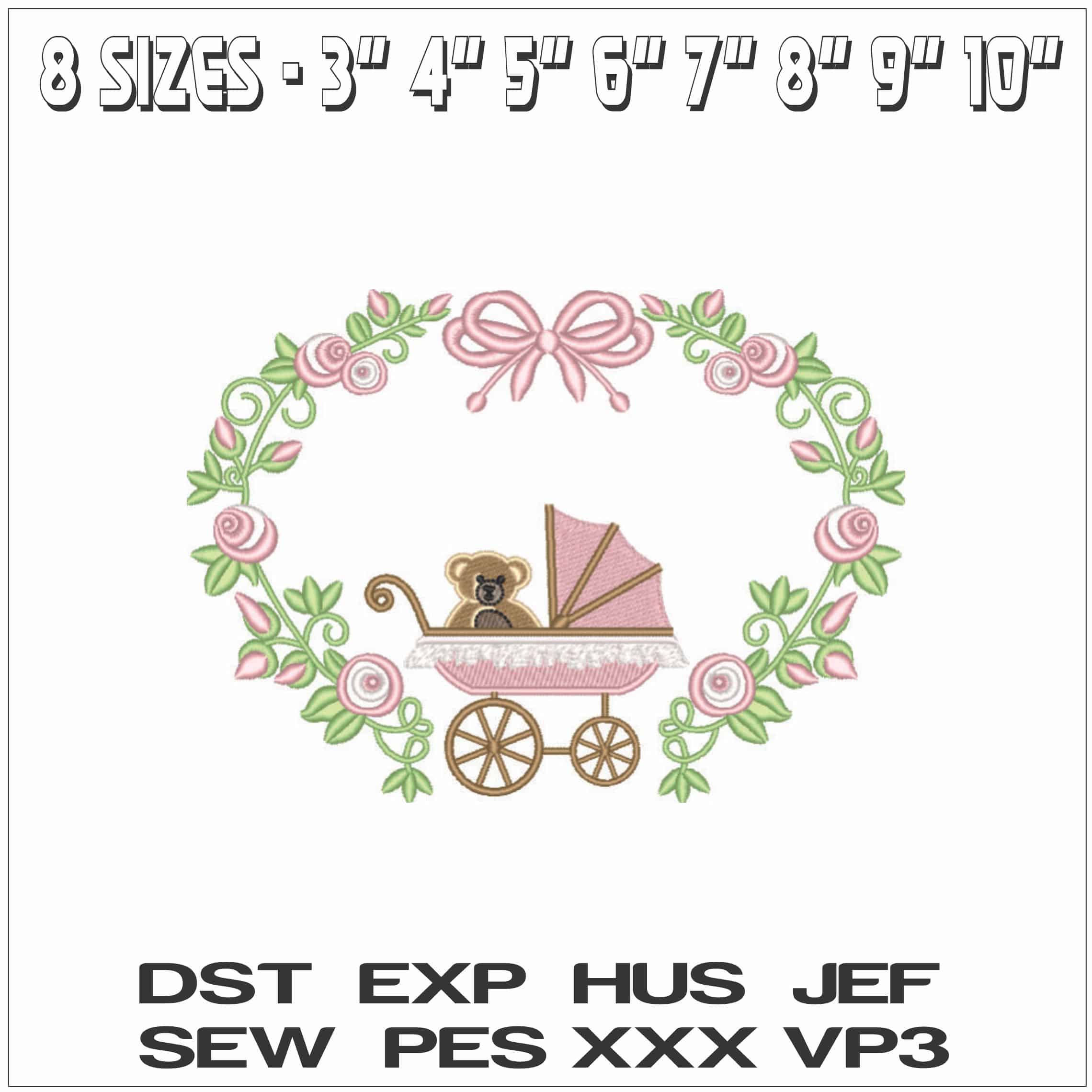 Teddy bear in Pram Baby decoration- Elegant embroidery design file - instant download — view 2