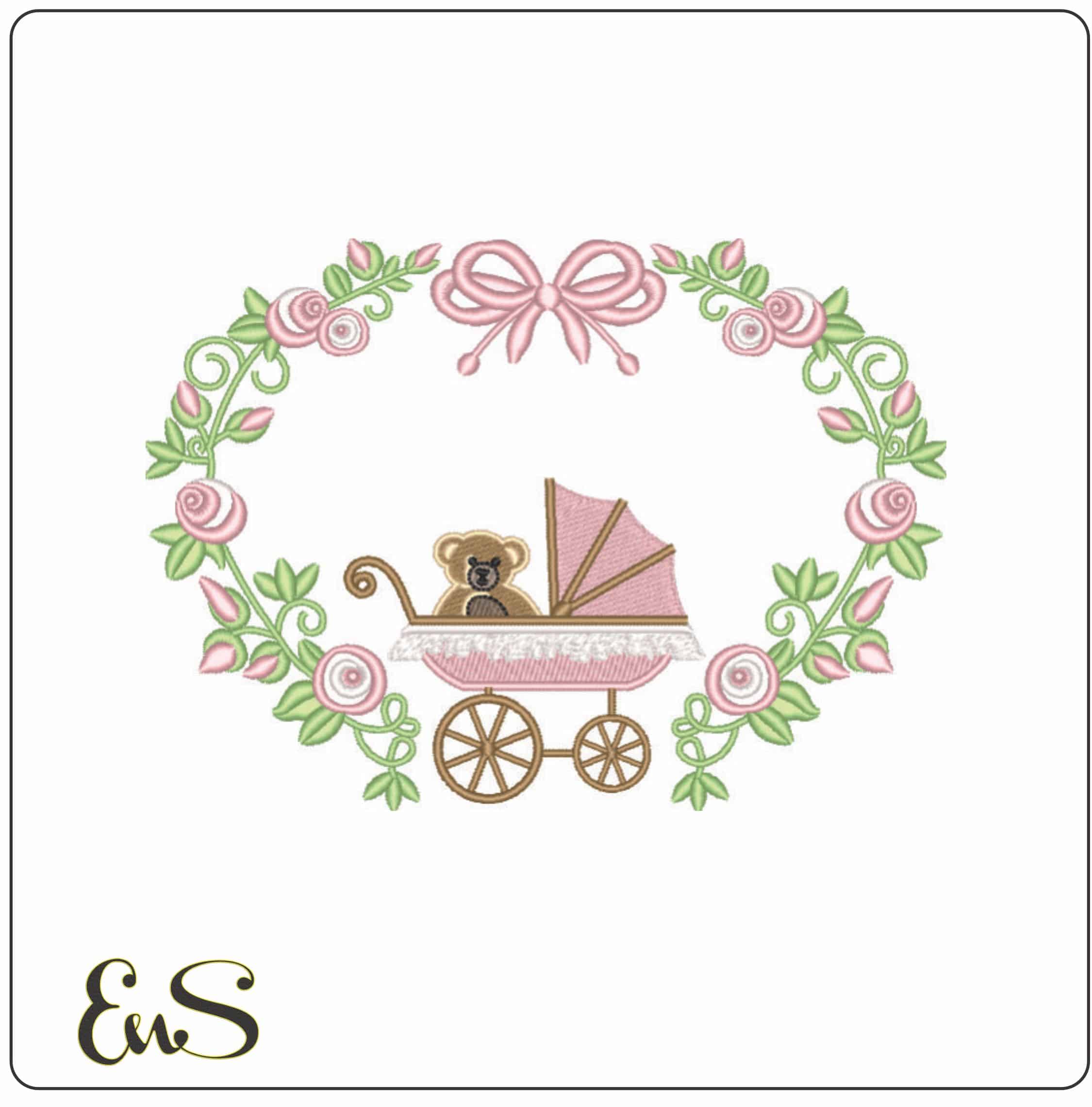 Teddy bear in Pram Baby decoration- Elegant embroidery design file - instant download