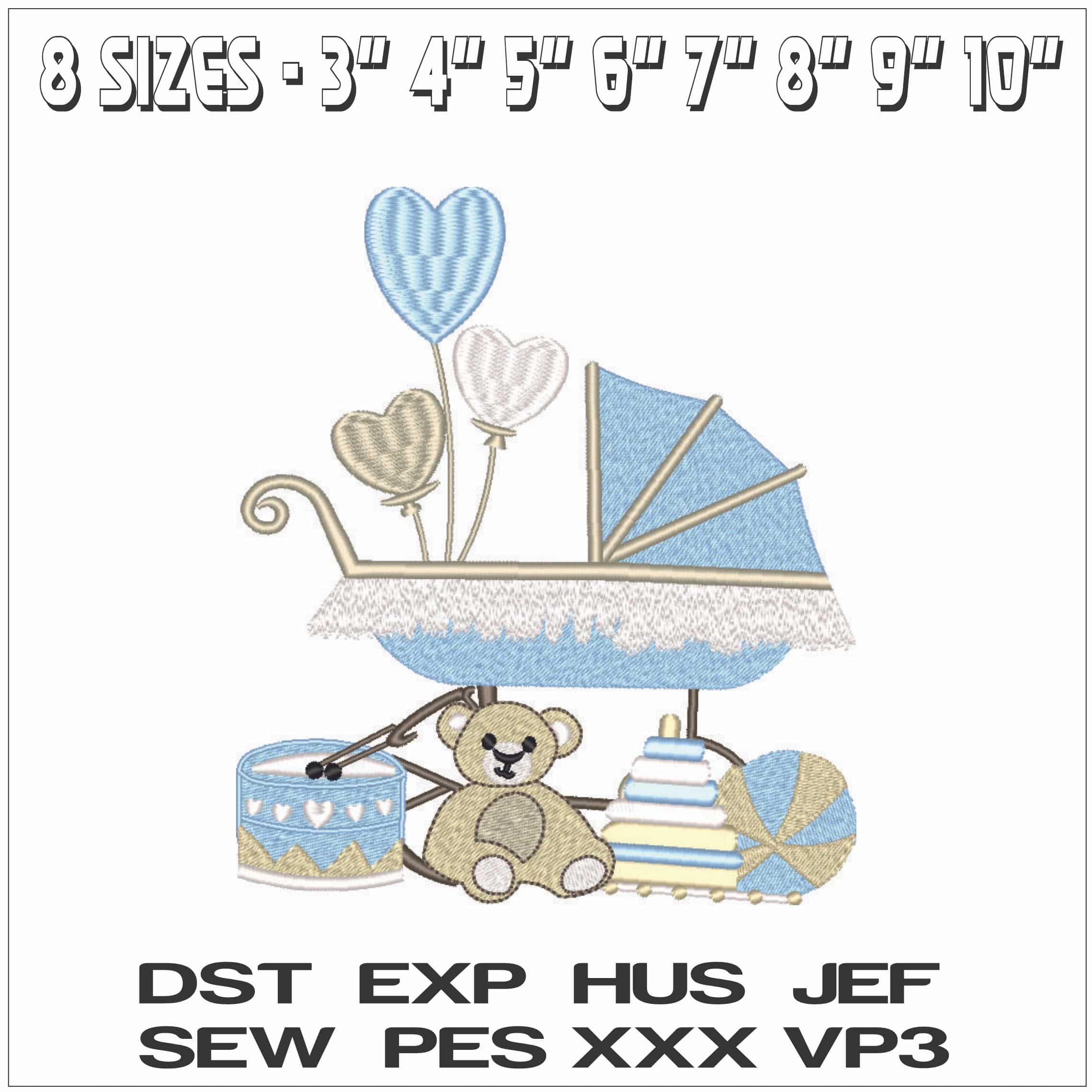 Teddy bear in Pram balloons and drum for Baby- Elegant embroidery design file - instant download — view 2