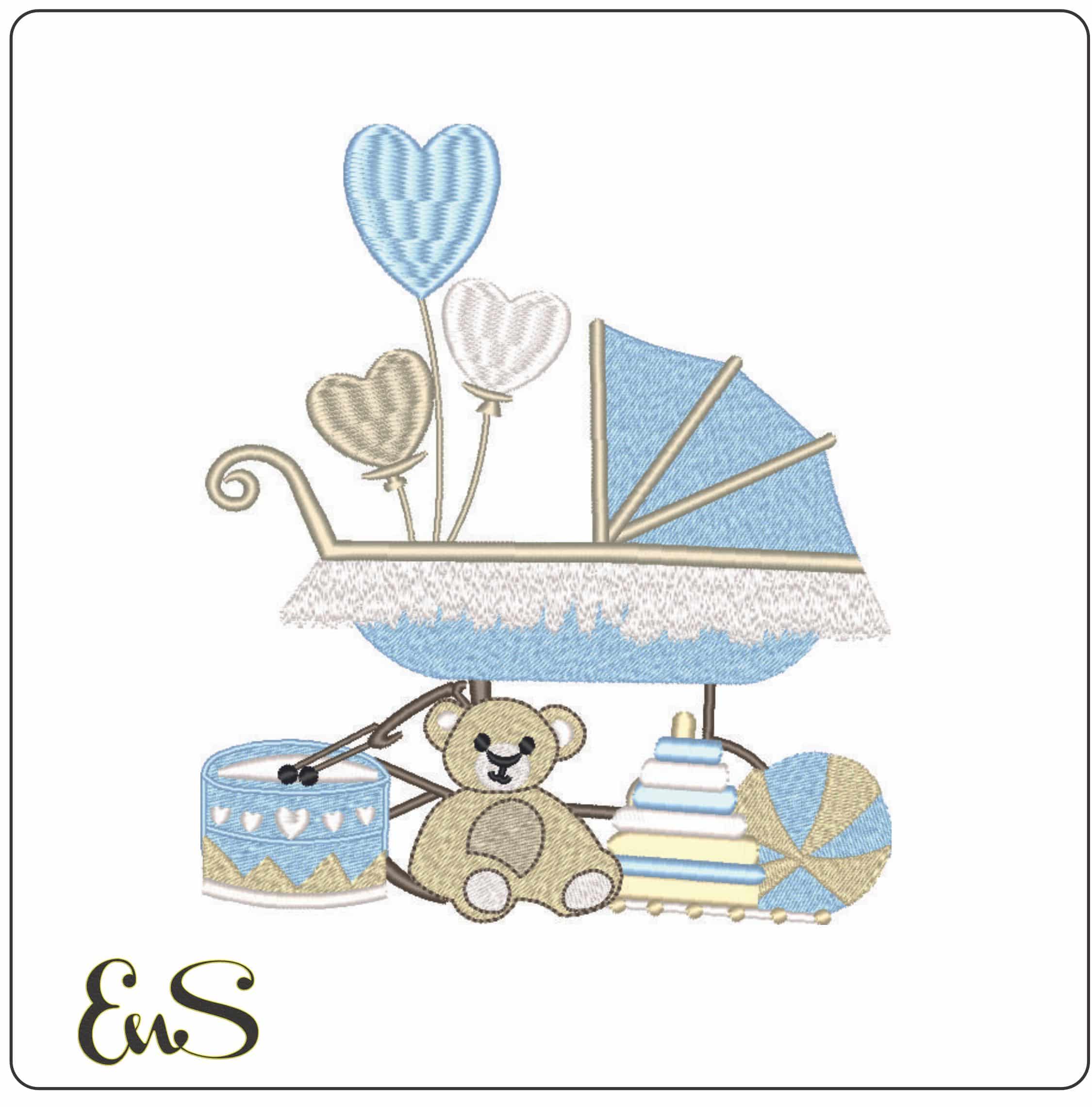 Teddy bear in Pram balloons and drum for Baby- Elegant embroidery design file - instant download