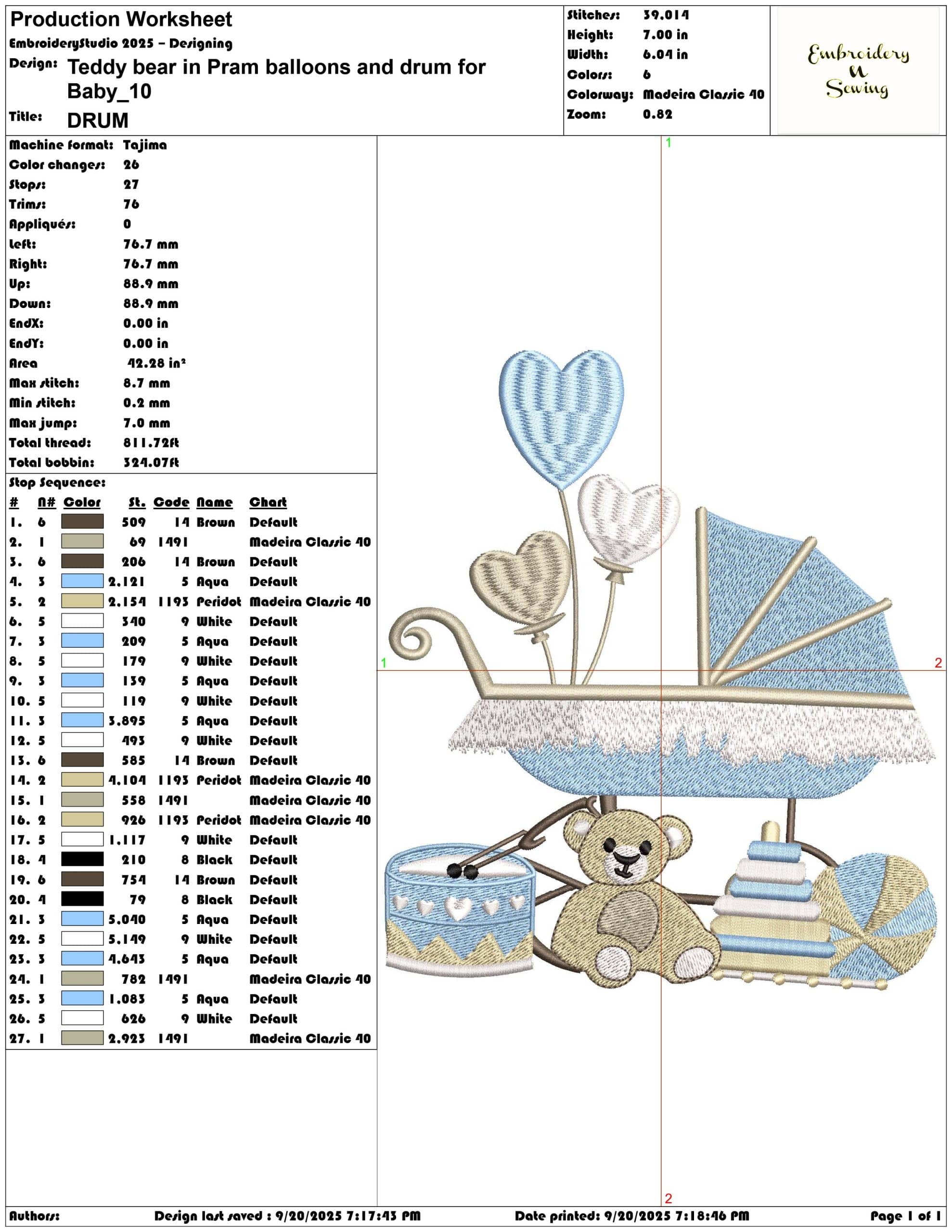 Teddy bear in Pram balloons and drum for Baby- Elegant embroidery design file - instant download — view 3