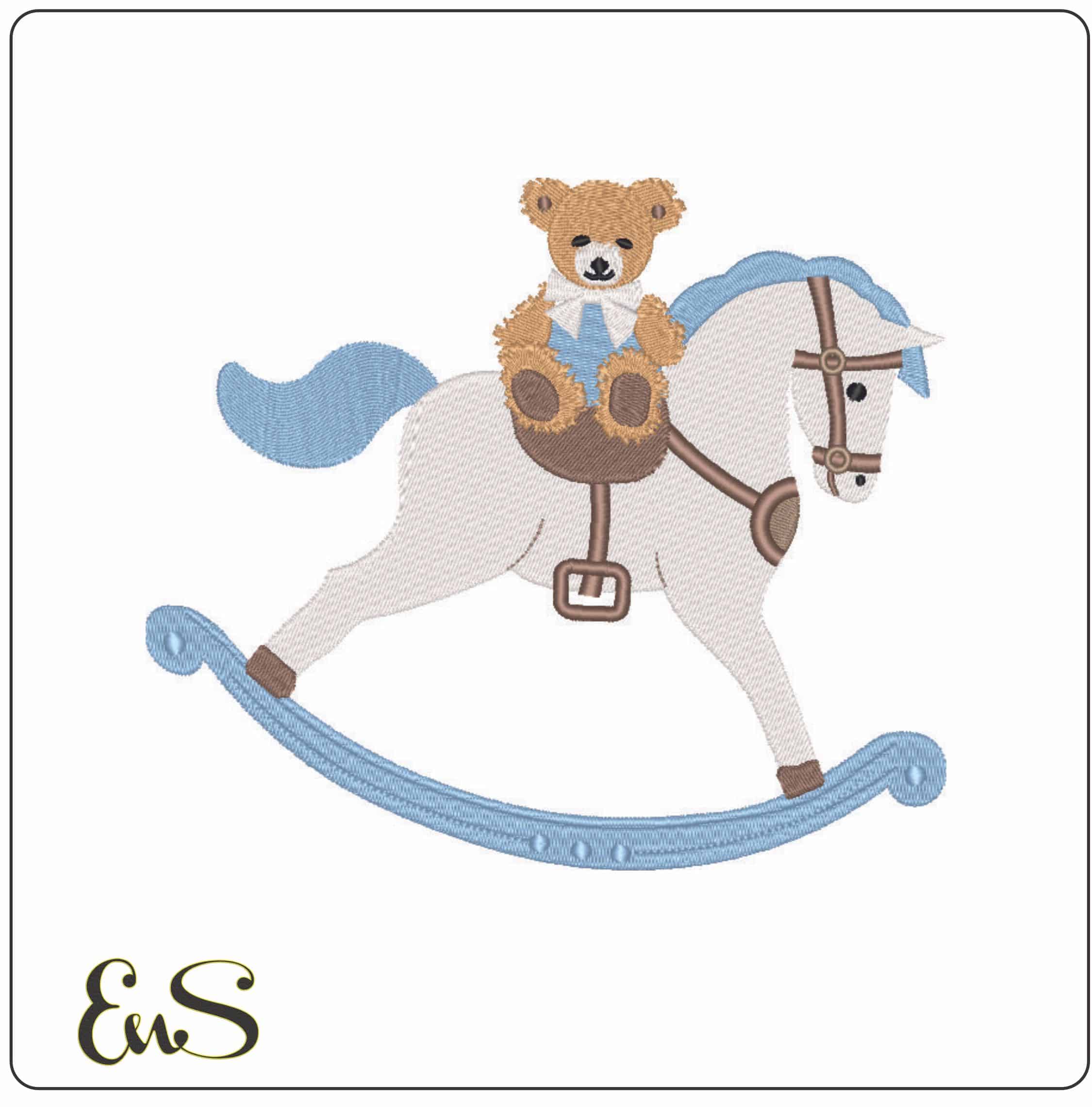 Teddy bear on Rocking Horse for Baby- Elegant embroidery design file - instant download