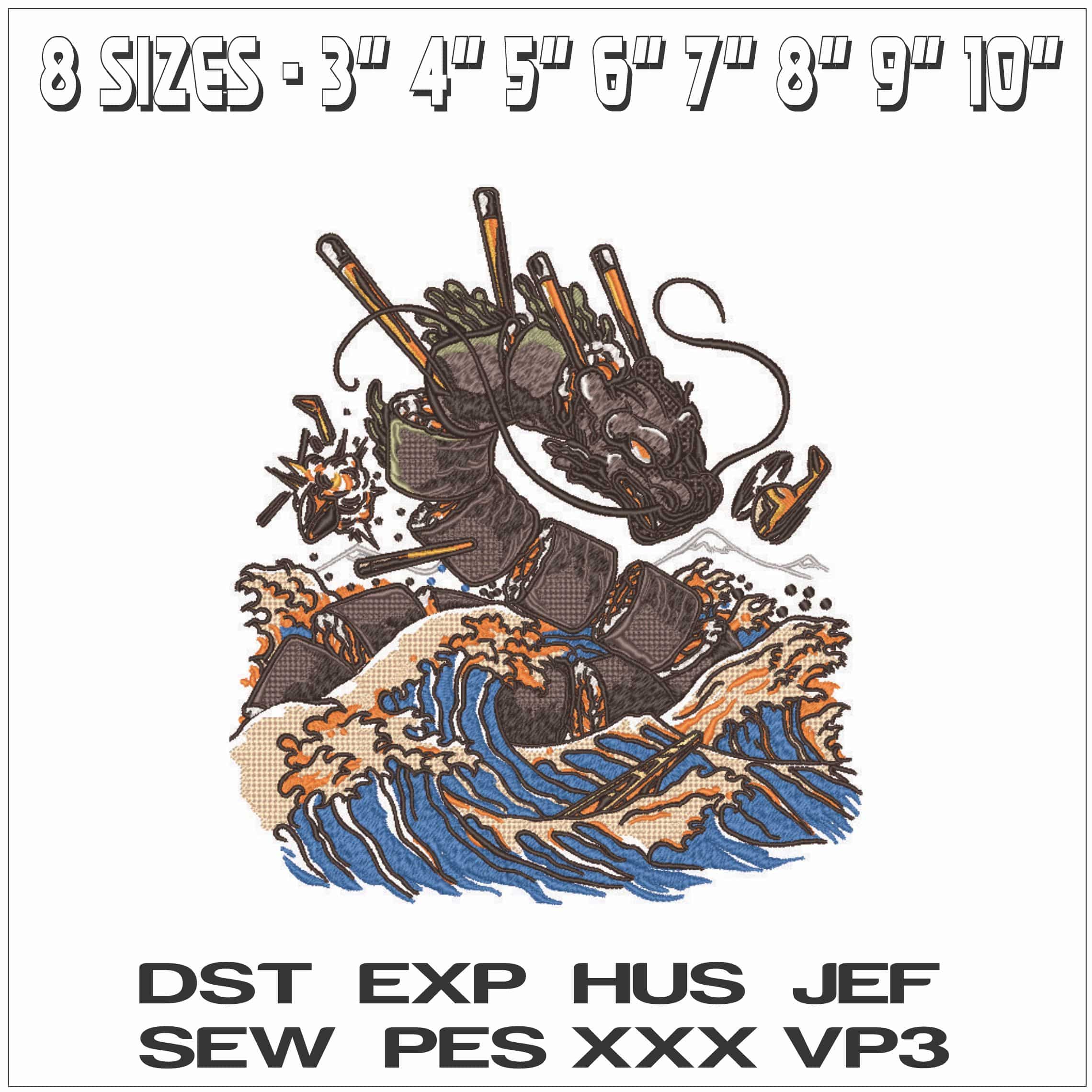 The Great Sushi Dragon Kaiju Food Anime- Elegant embroidery design file - instant download — view 2