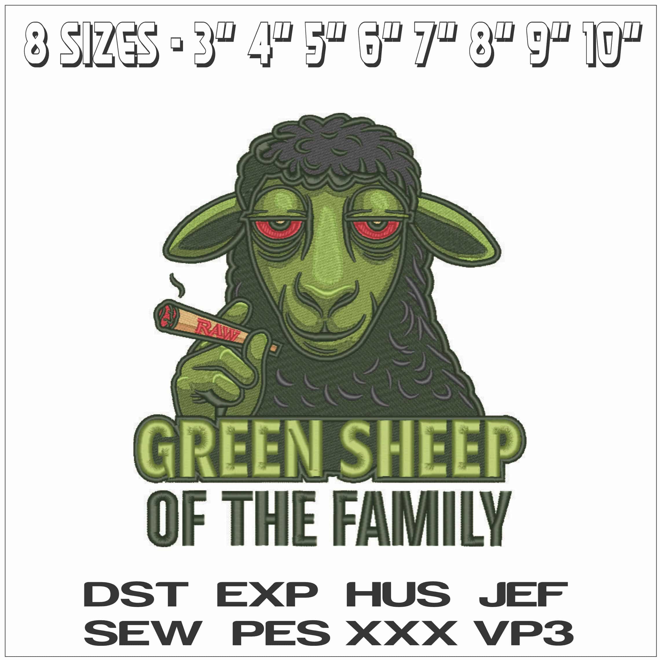 The Green Sheep Smoking Joint- Elegant embroidery design file - instant download — view 2