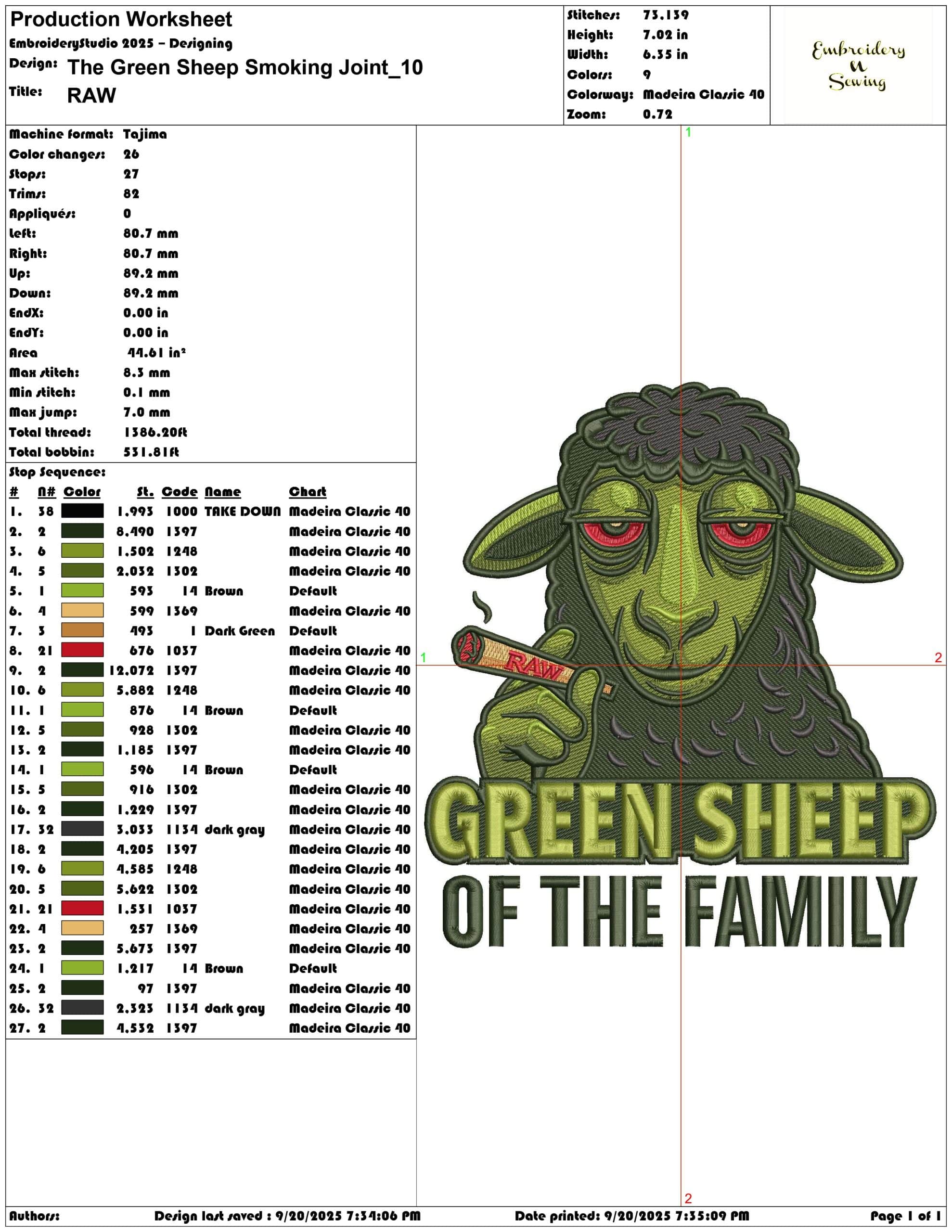 The Green Sheep Smoking Joint- Elegant embroidery design file - instant download — view 3