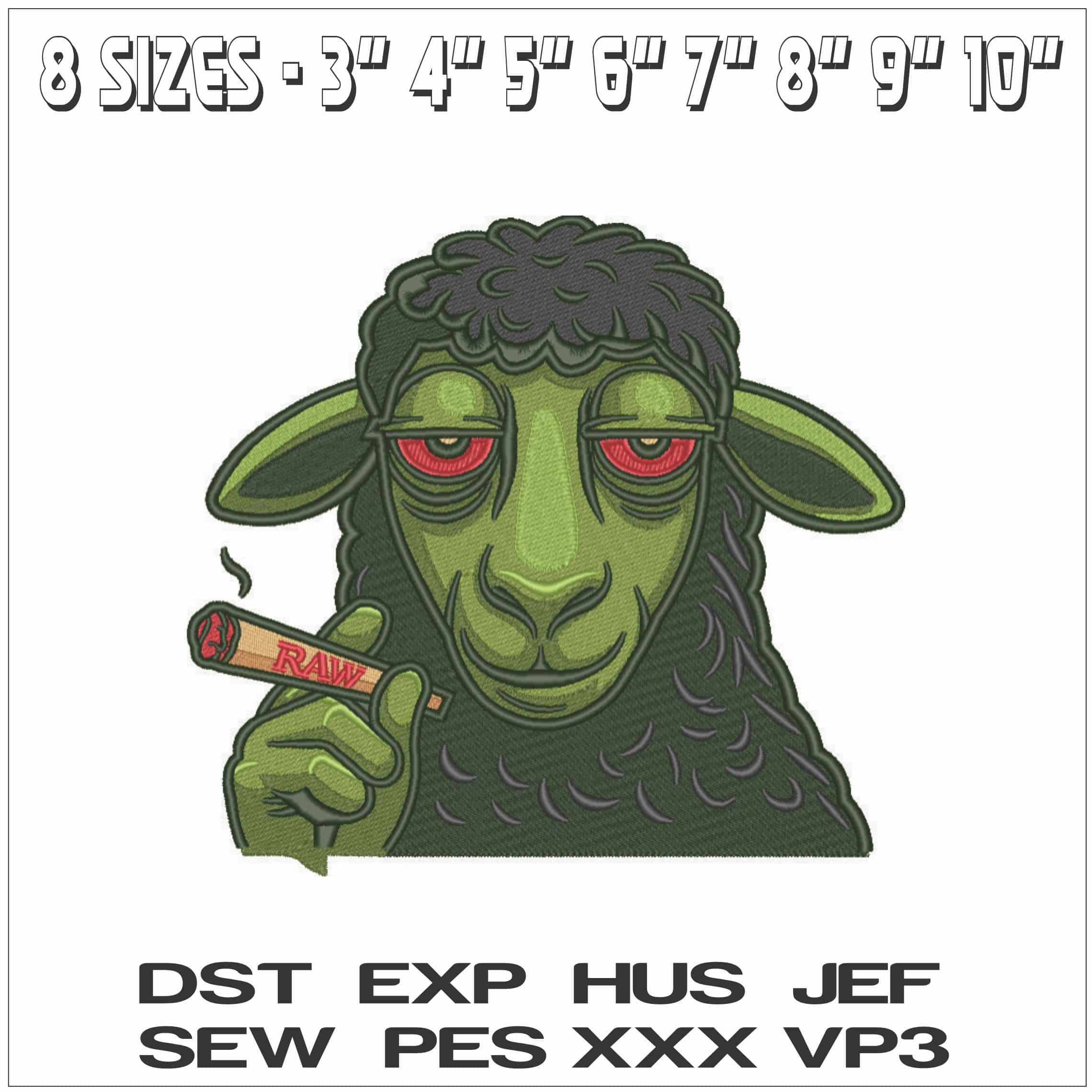 The Green Sheep Smoking Joint no Word- Elegant embroidery design file - instant download — view 2