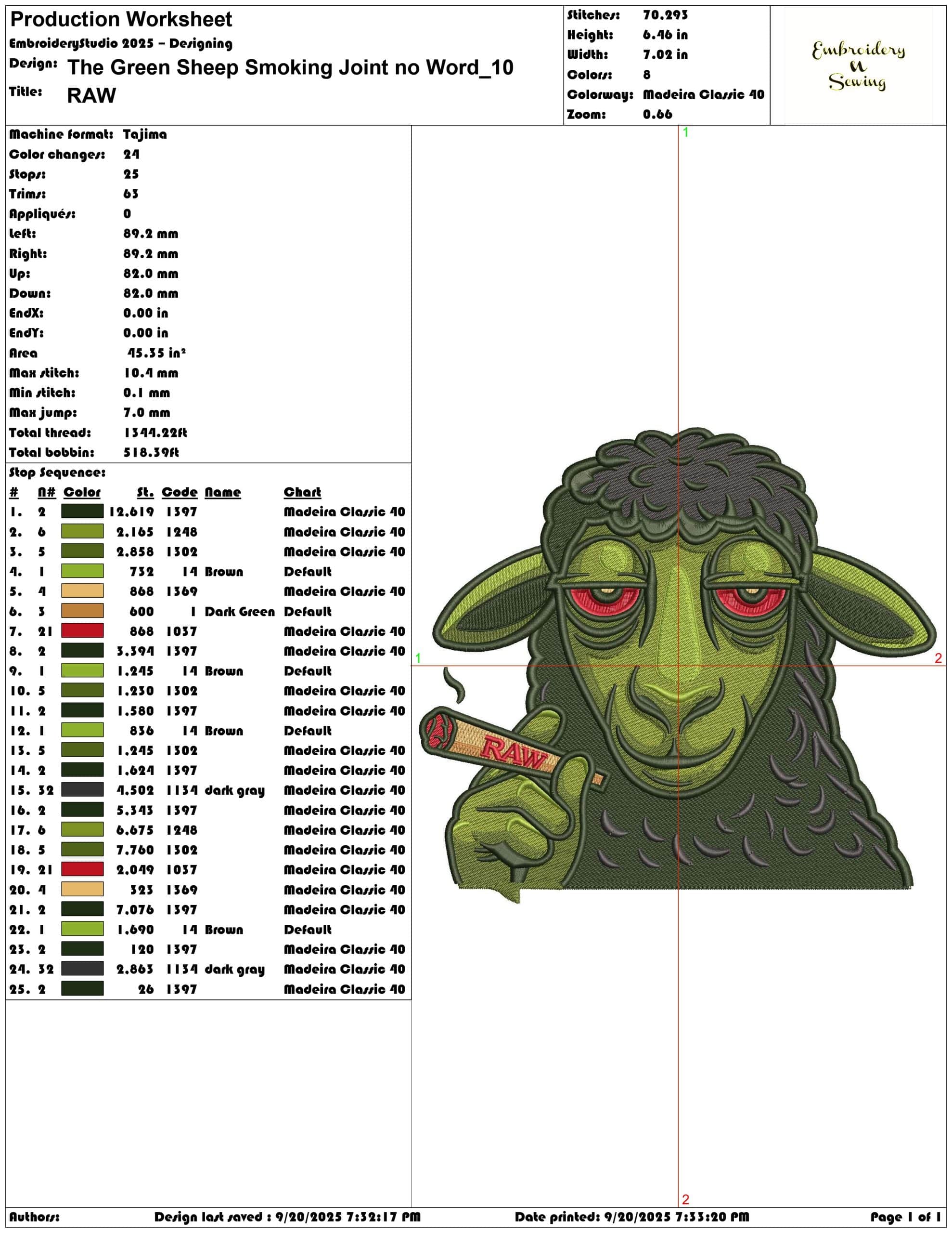 The Green Sheep Smoking Joint no Word- Elegant embroidery design file - instant download — view 3
