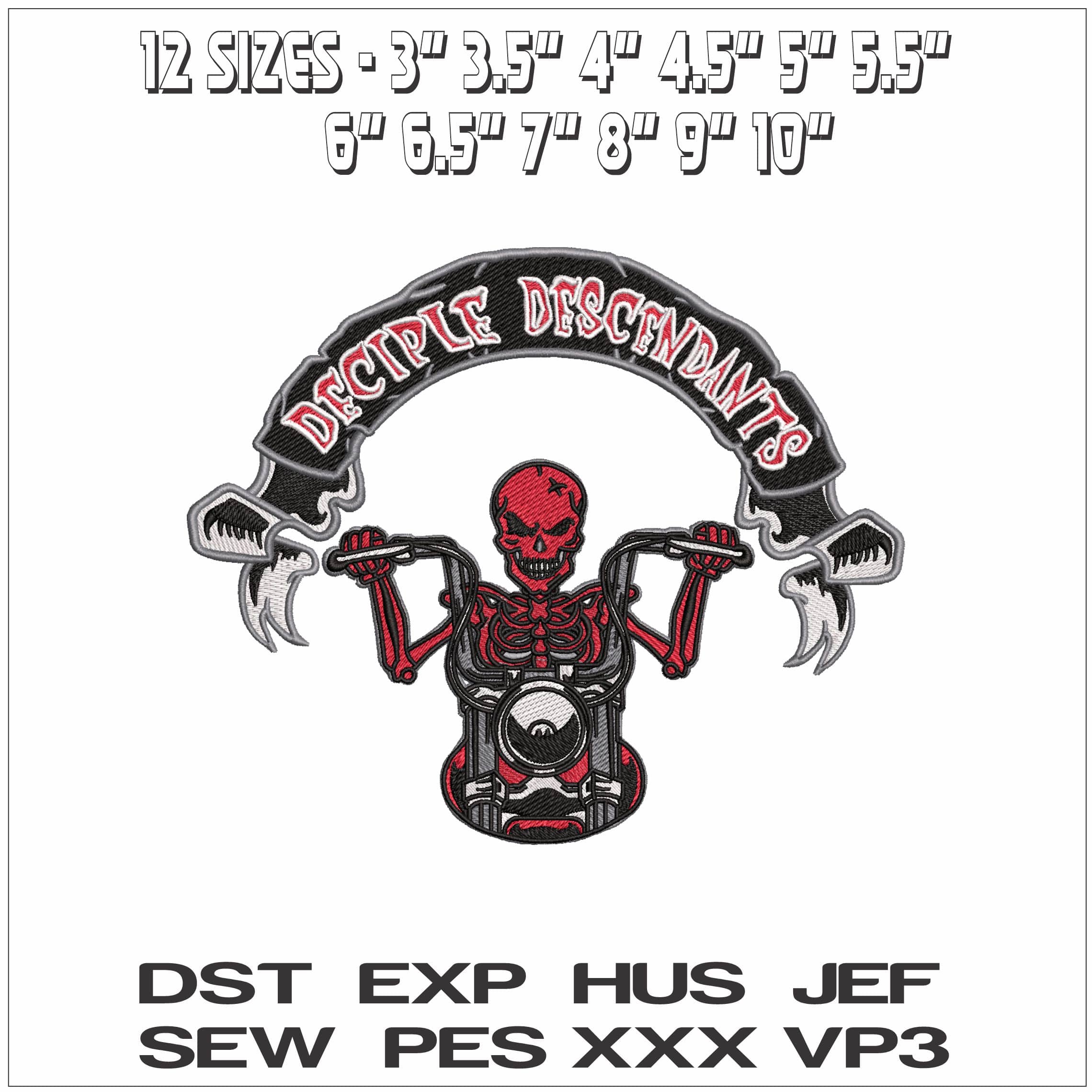 Deciple Descendants Skeleton on Motorbike - Elegant embroidery design file - instant download — view 2