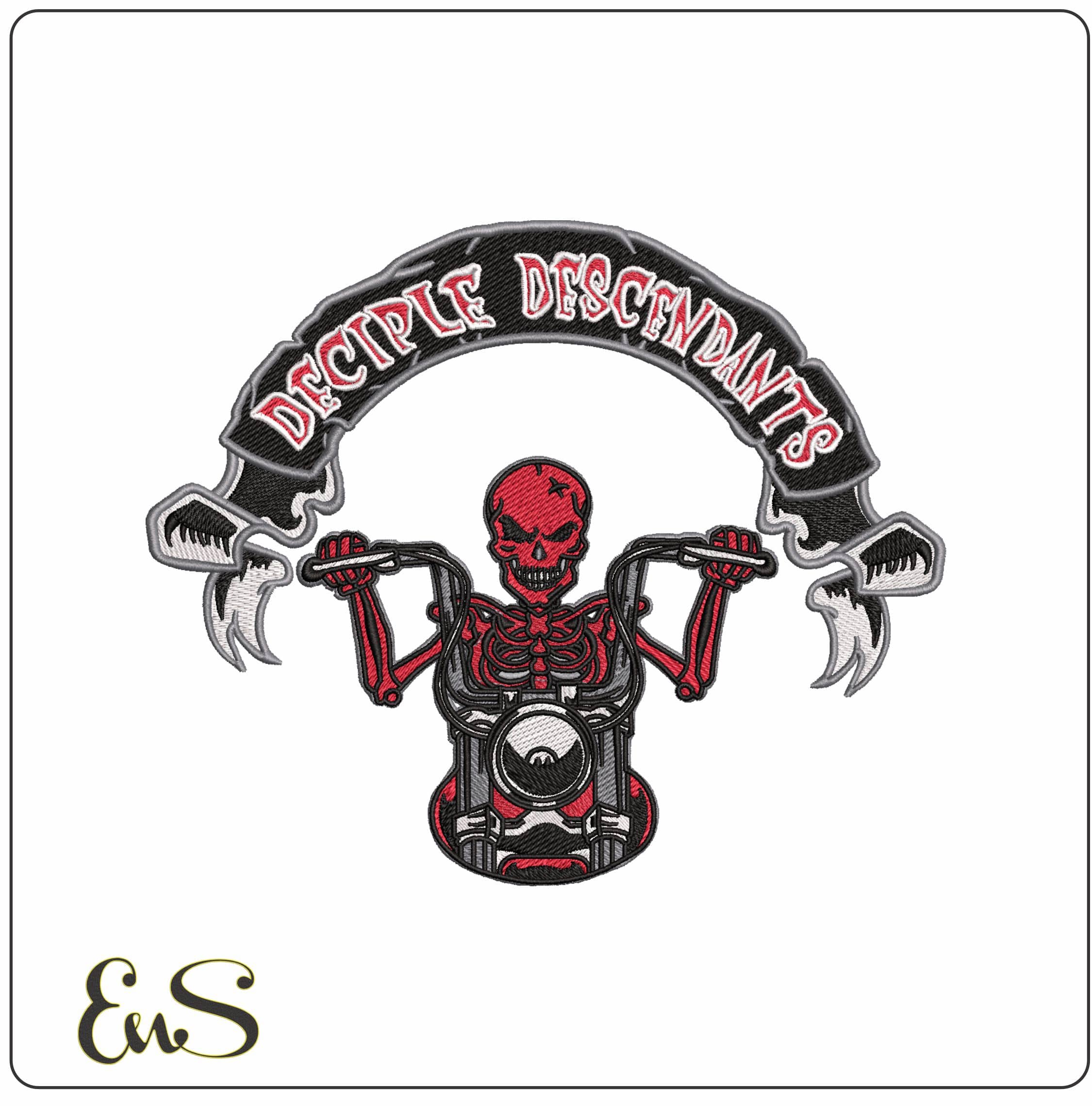 Deciple Descendants Skeleton on Motorbike - Elegant embroidery design file - instant download