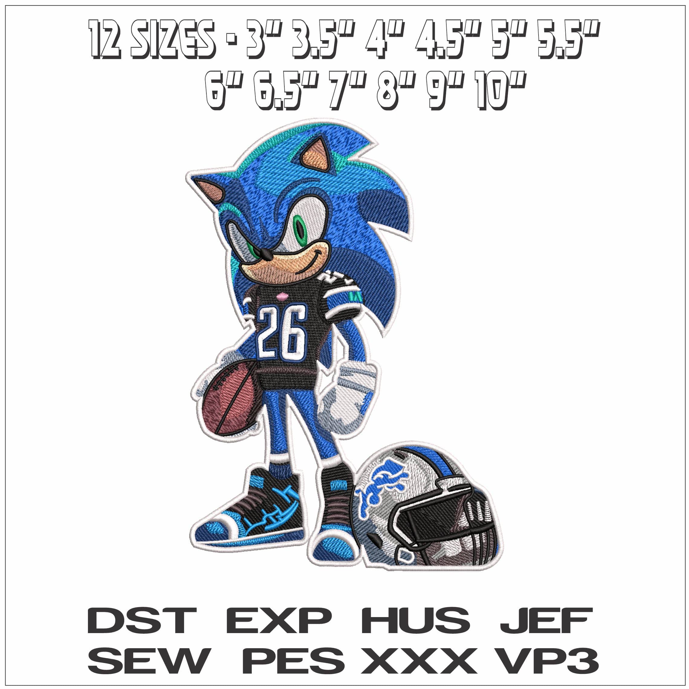 Detroit Lions Helmet Sonic Hedgehog- Elegant embroidery design file - instant download — view 2