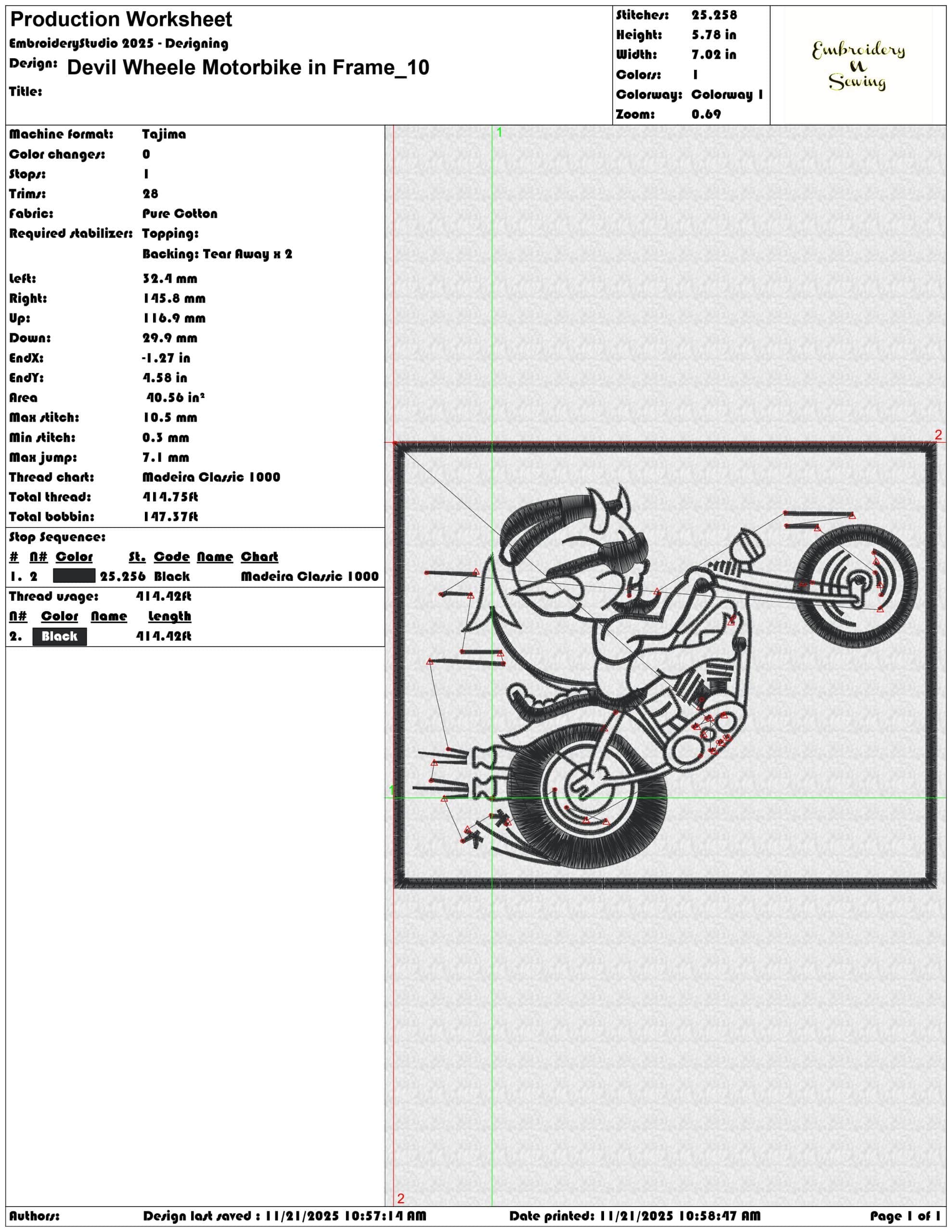 Devil Wheele Motorbike in Frame- Elegant embroidery design file - instant download — view 3