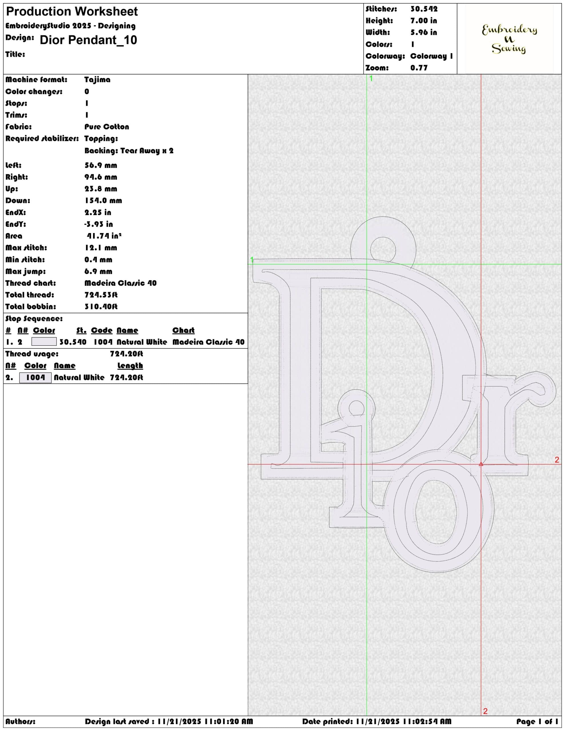 Dior Pendant- Elegant embroidery design file - instant download — view 3