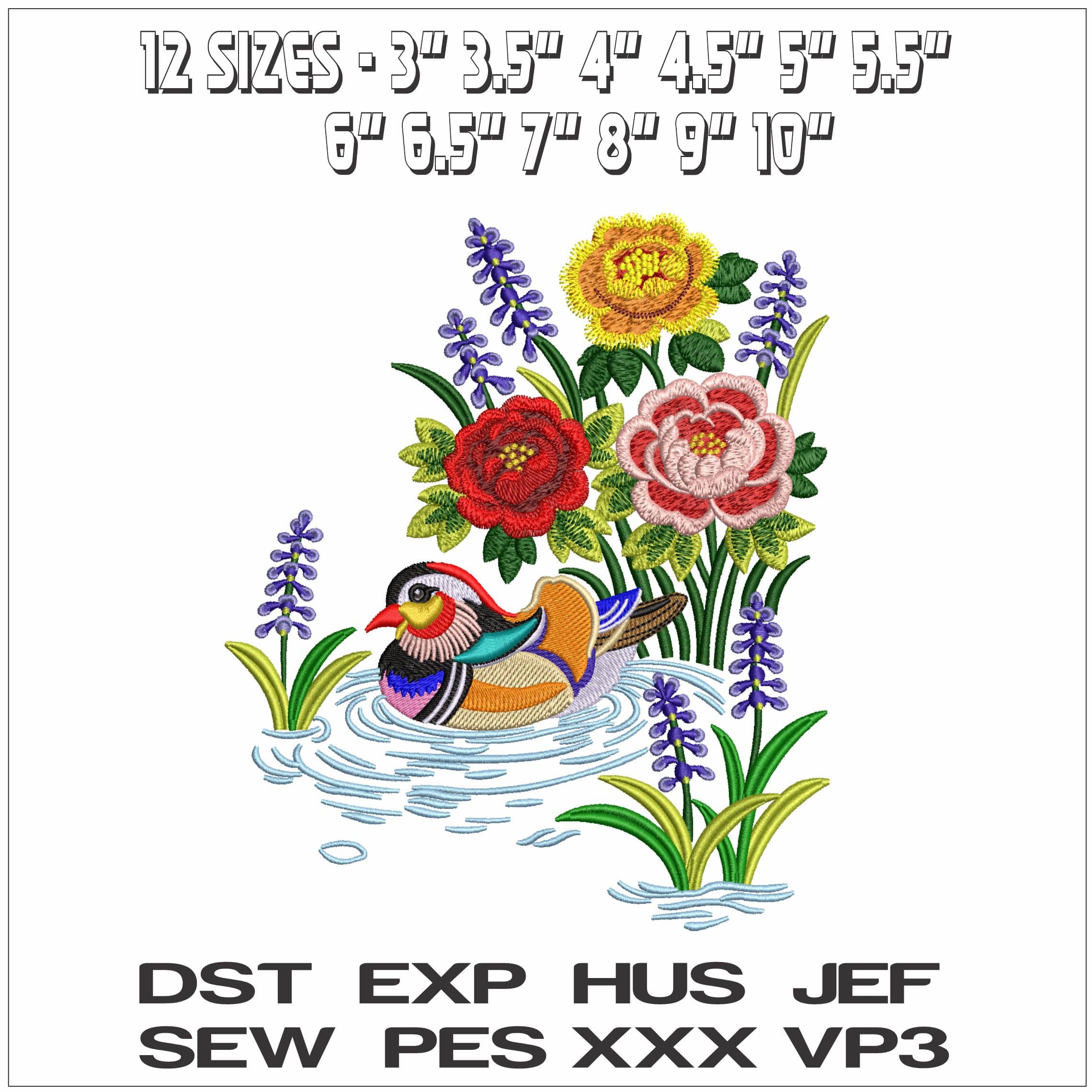 Duck swimming in Flowers- Elegant embroidery design file - instant download — view 2