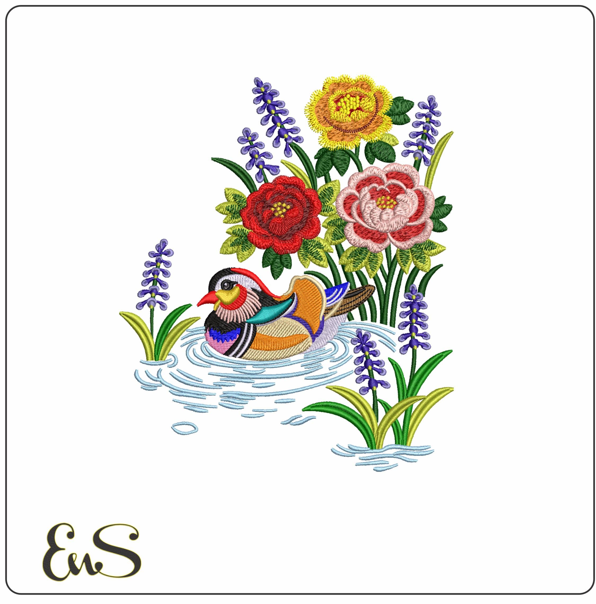 Duck swimming in Flowers- Elegant embroidery design file - instant download