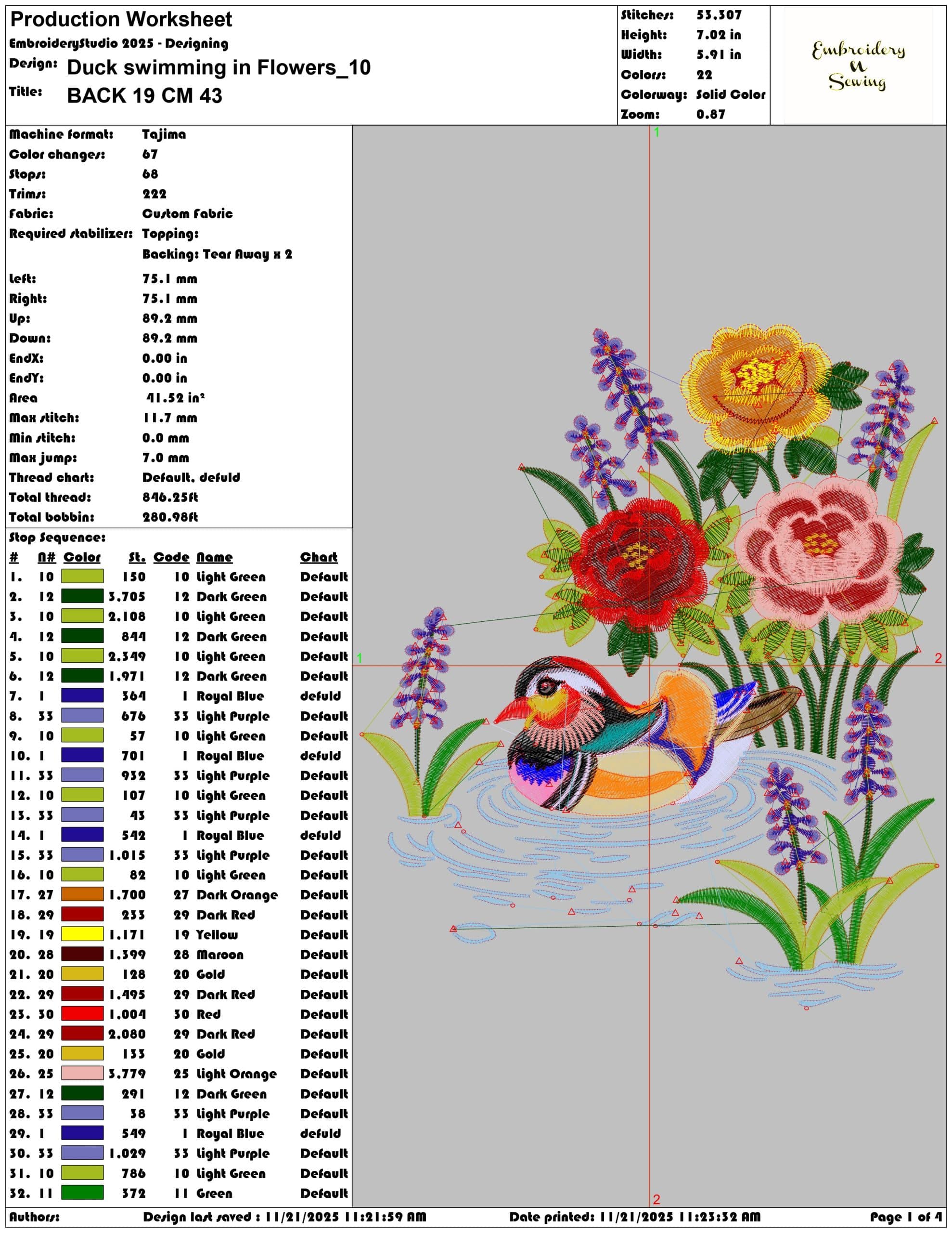 Duck swimming in Flowers- Elegant embroidery design file - instant download — view 3