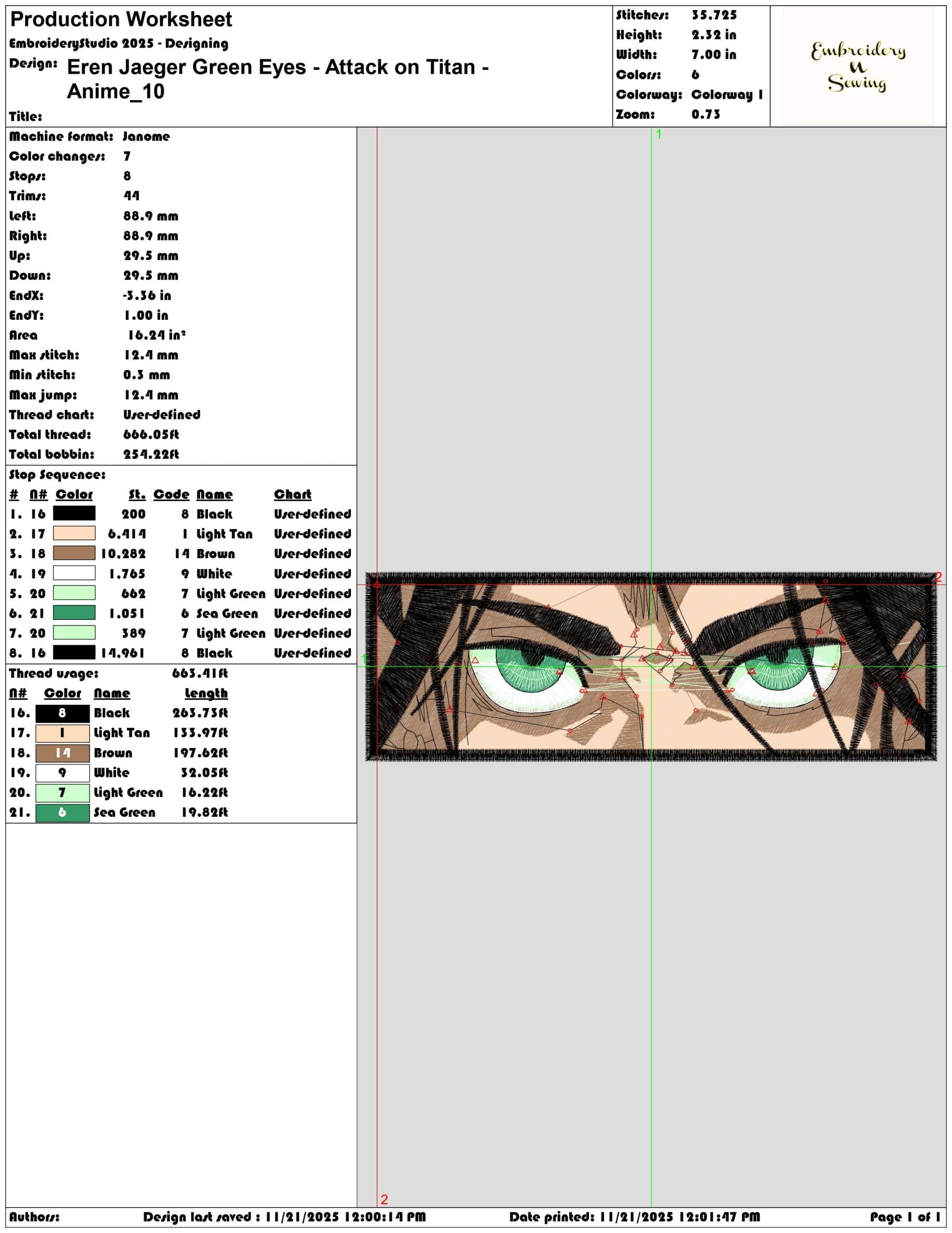 Eren Jaeger Green Eyes Attack on Titan Anime - Elegant embroidery design file - instant download — view 3