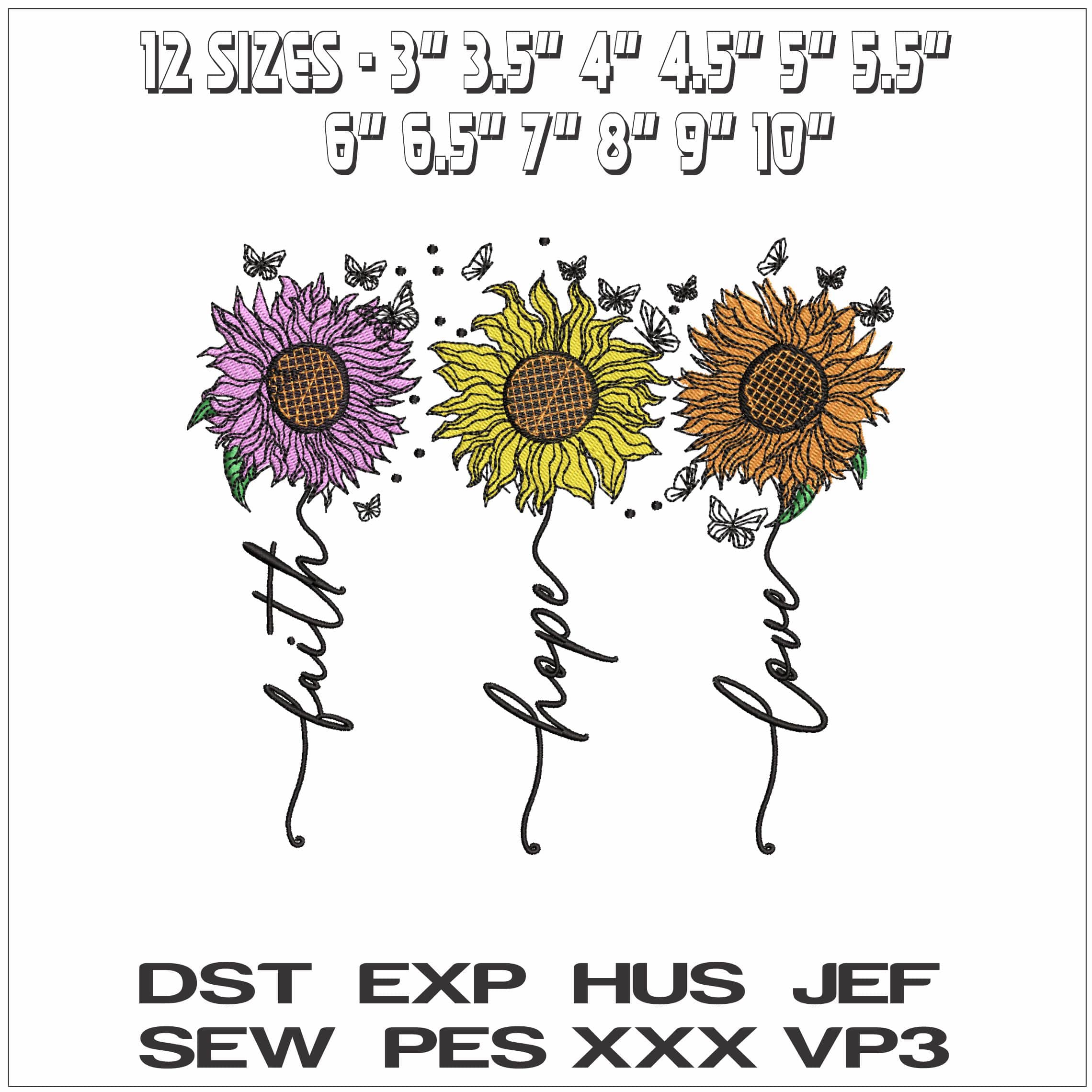 Faith Hope and Love Flowers - Elegant embroidery design file - instant download — view 2