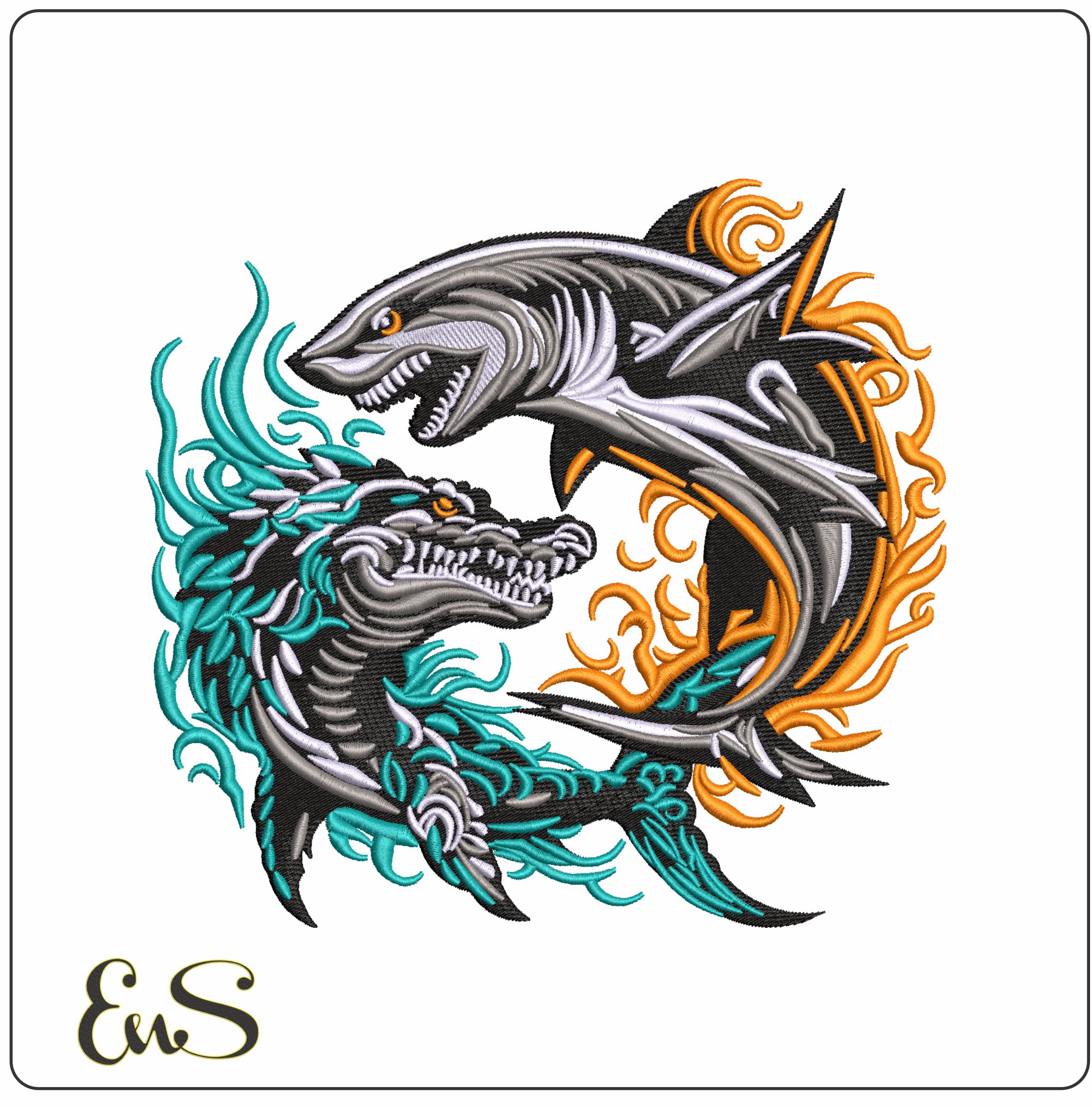 Fighting fish - Elegant embroidery design file - instant download