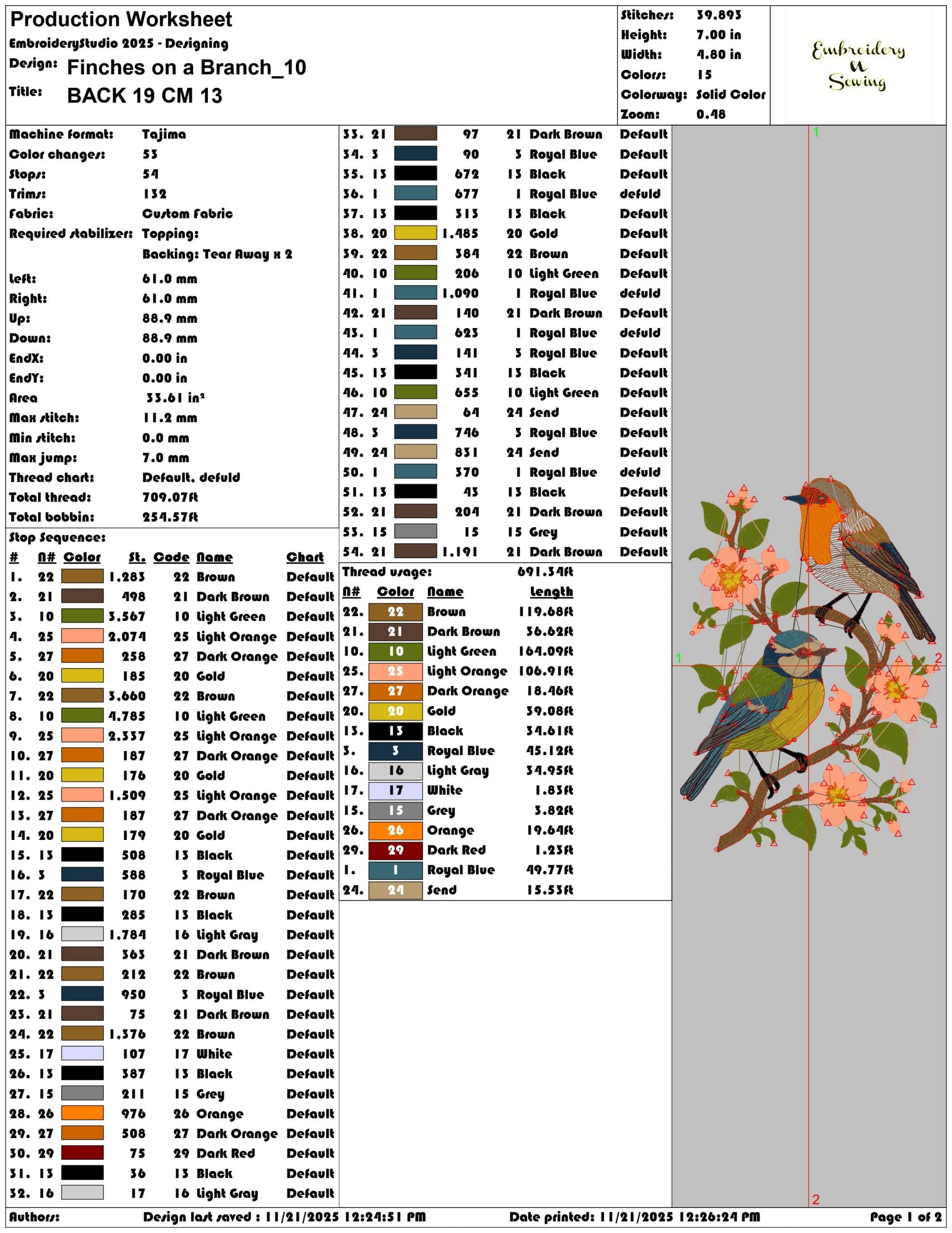 Finches on a Branch - Elegant embroidery design file - instant download — view 3
