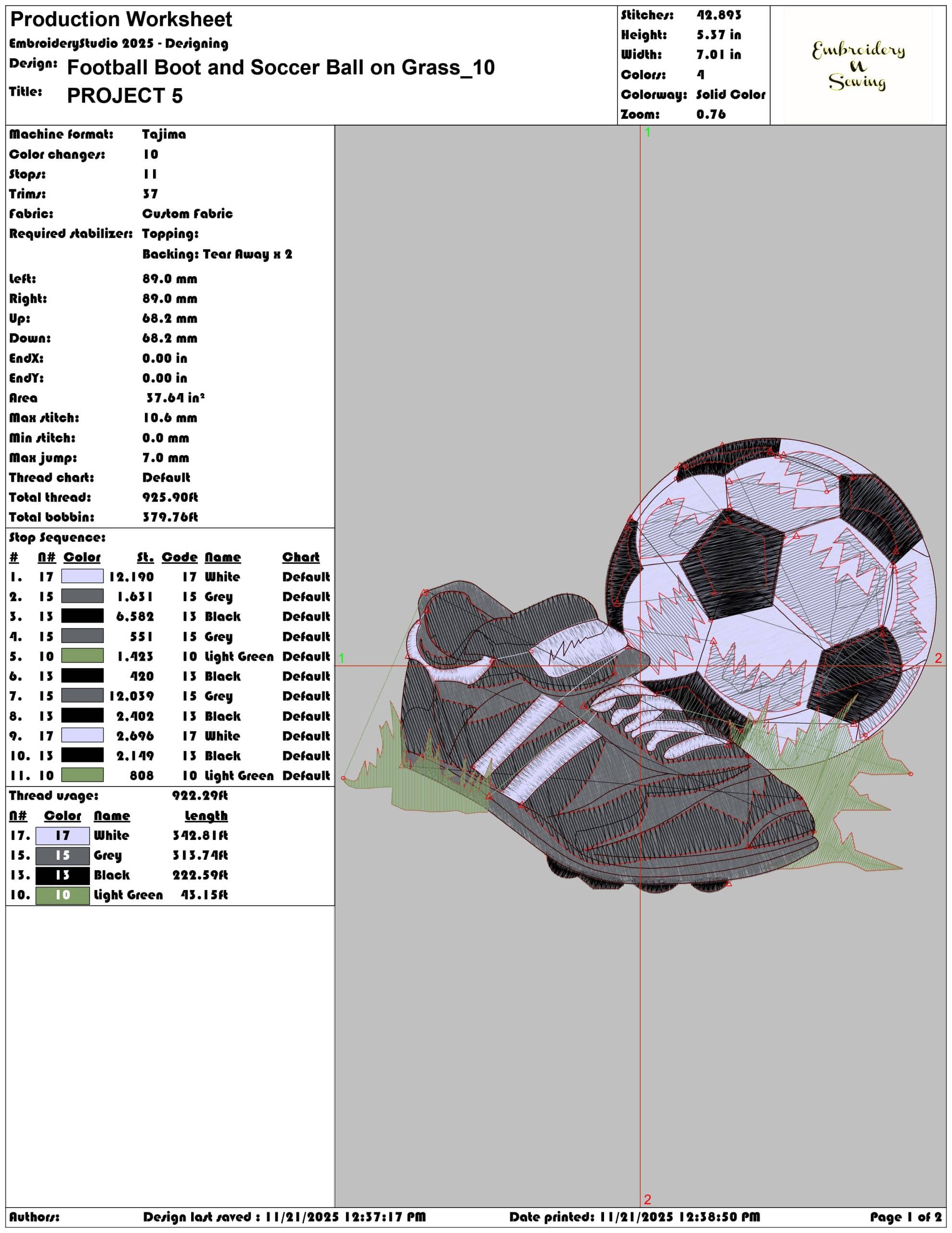 Football Boot and Soccer Ball on Grass - Elegant embroidery design file - instant download — view 3