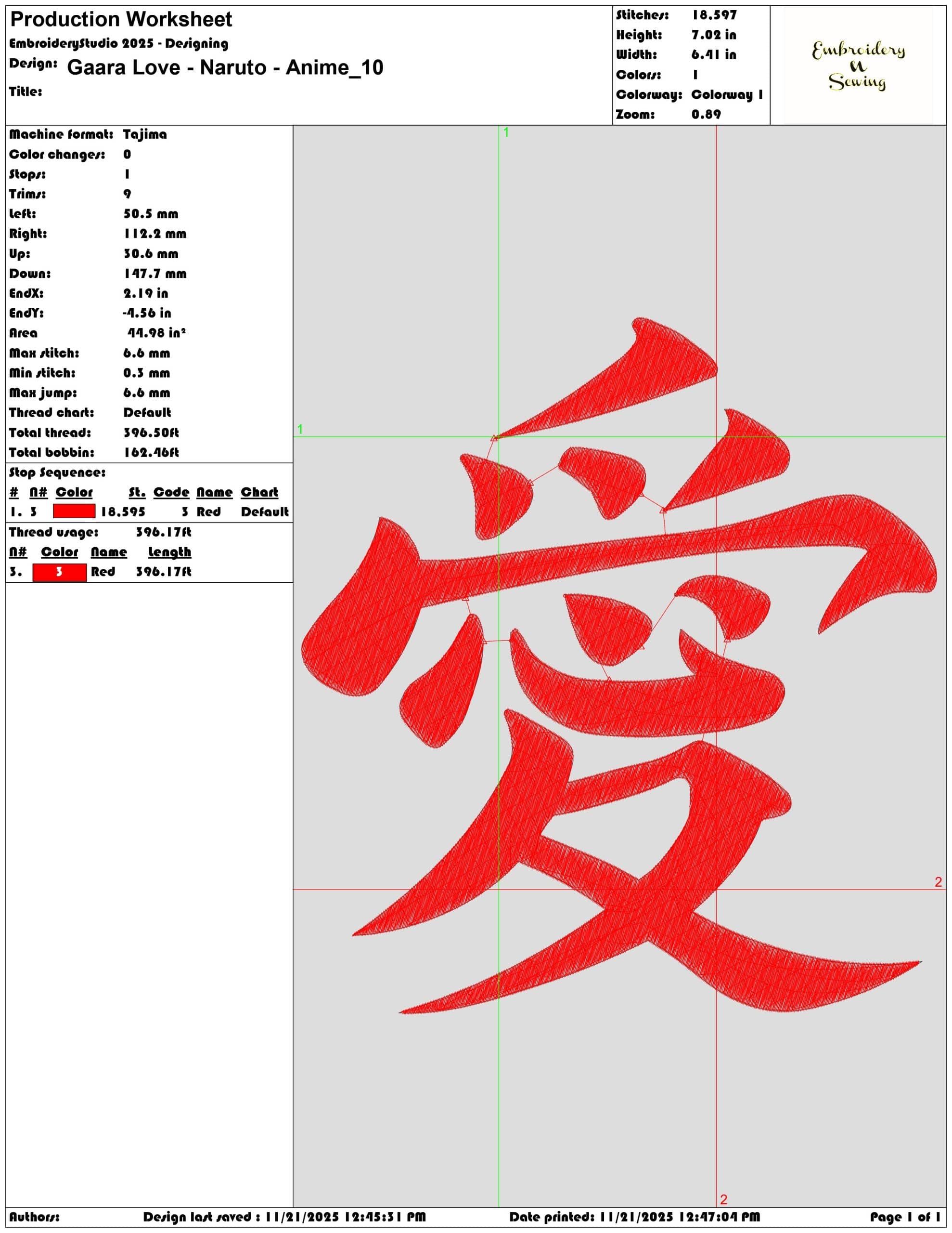 Gaara Love Naruto Anime - Elegant embroidery design file - instant download — view 3