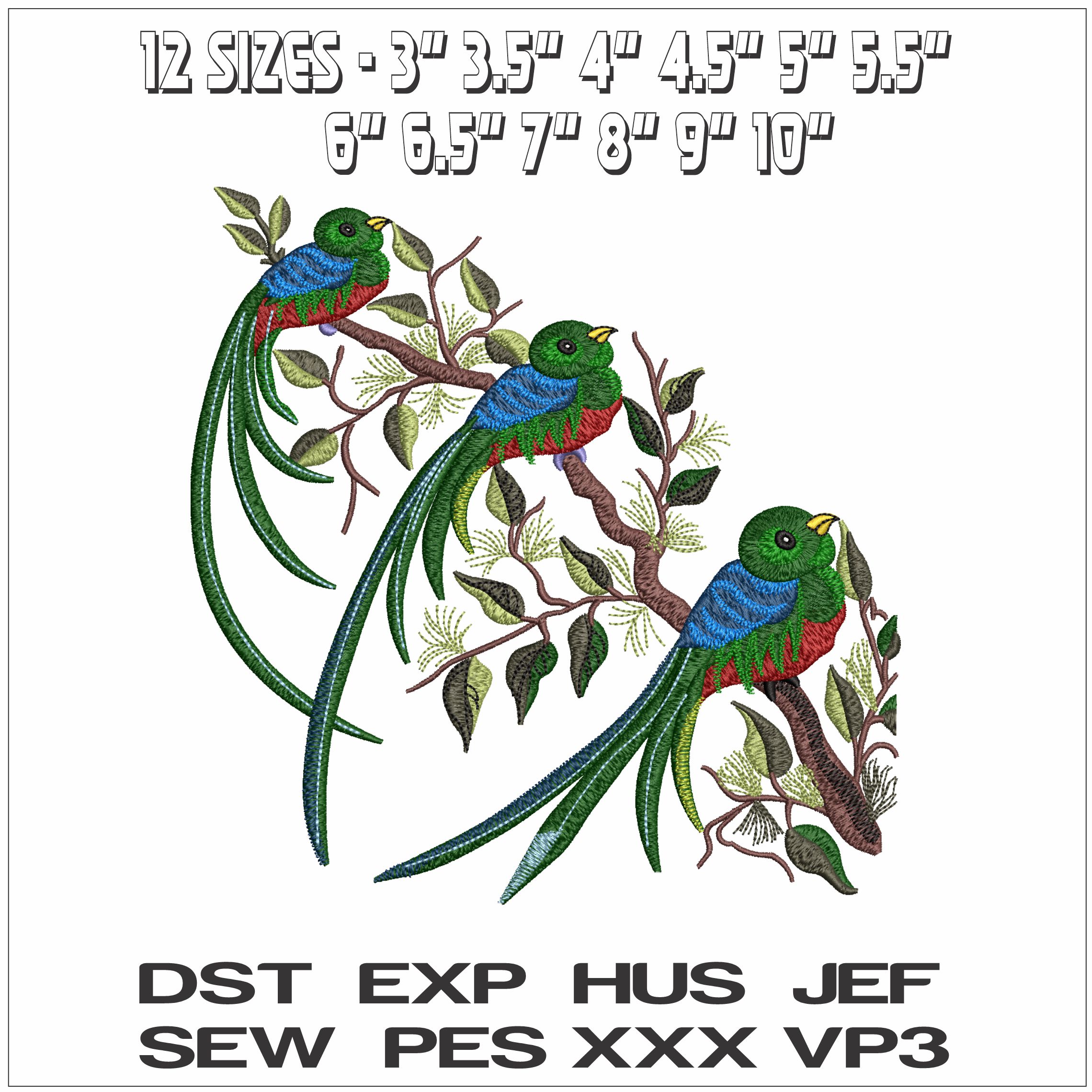 Green birds in a branch - Elegant embroidery design file - instant download — view 2