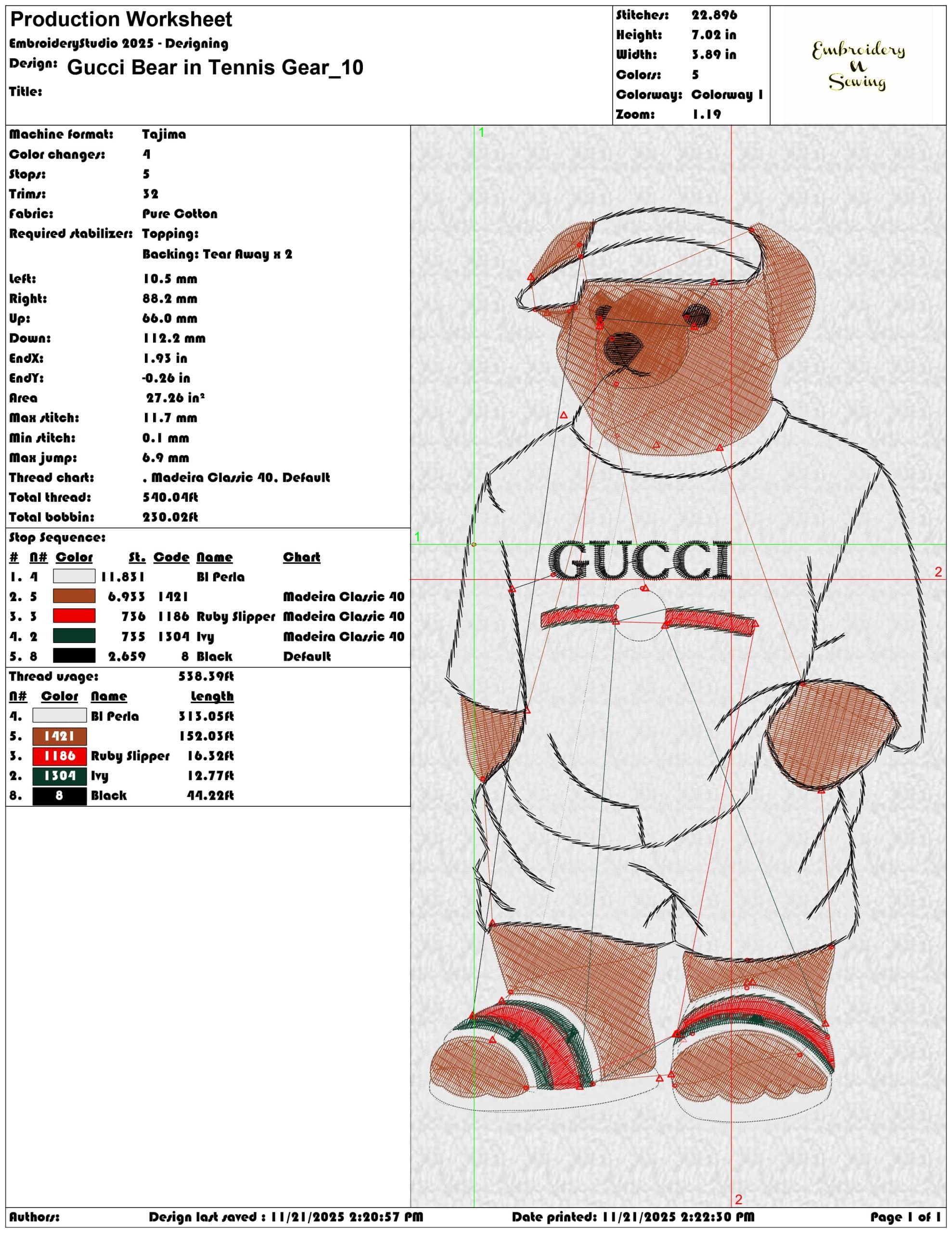 Gucci Bear in Tennis Gear  - Elegant embroidery design file - instant download — view 3