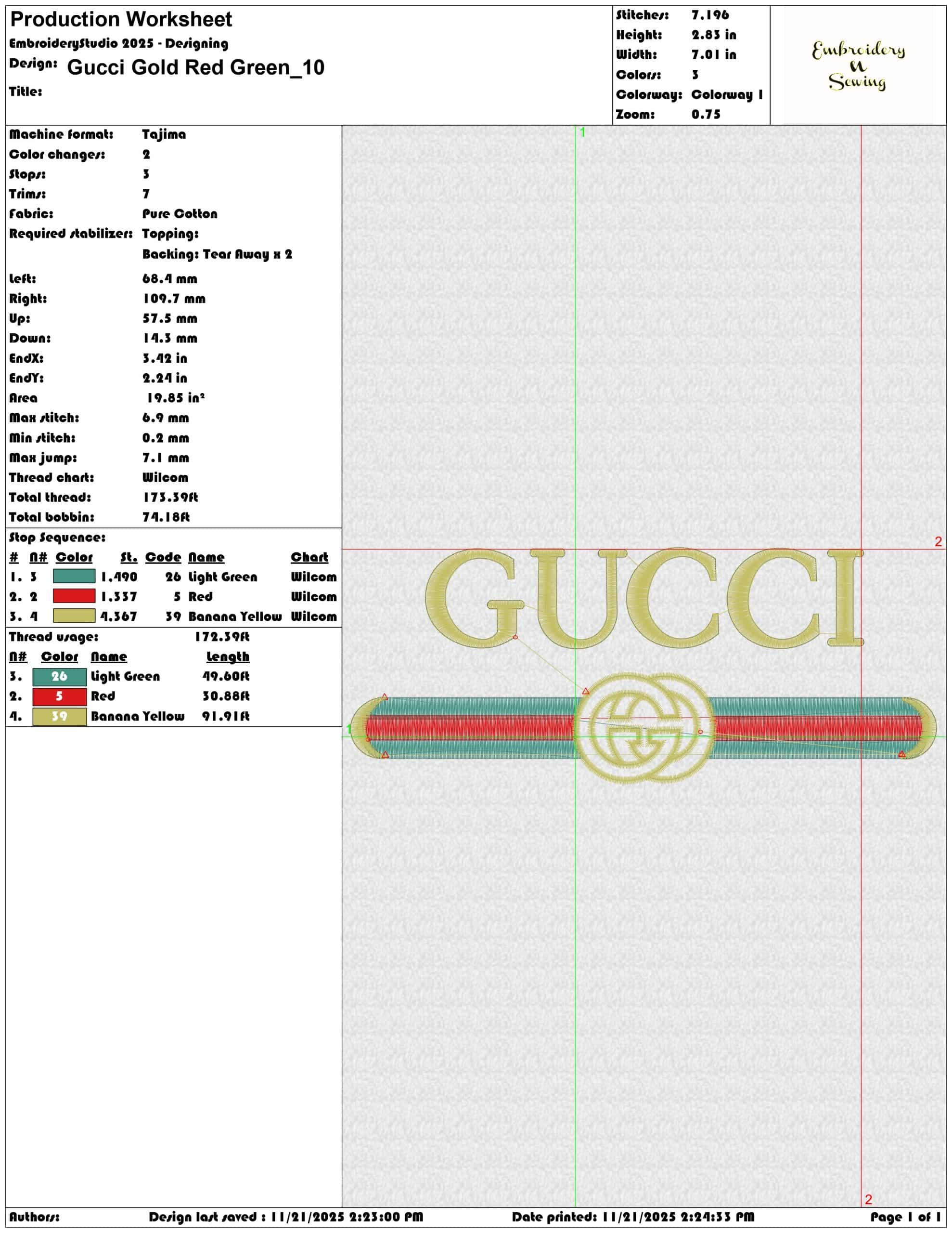 Gucci Gold Red Green  - Elegant embroidery design file - instant download — view 3