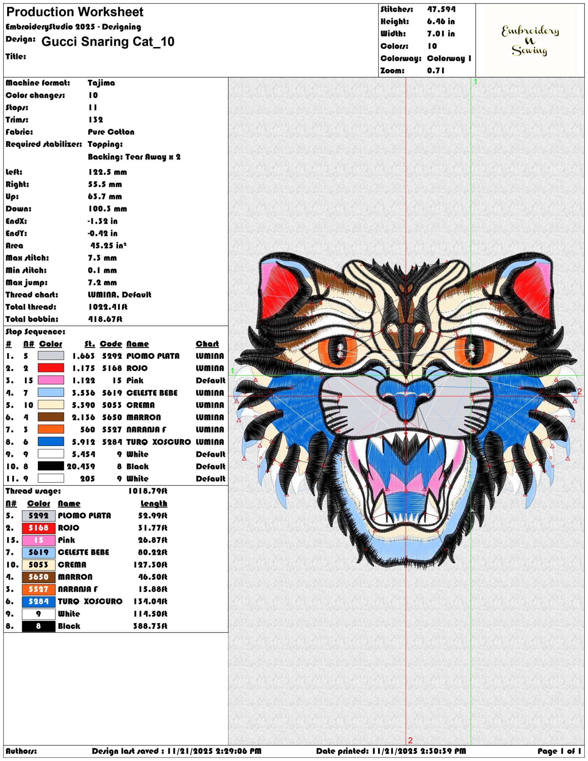 Gucci Snaring Cat - Elegant embroidery design file - instant download — view 3
