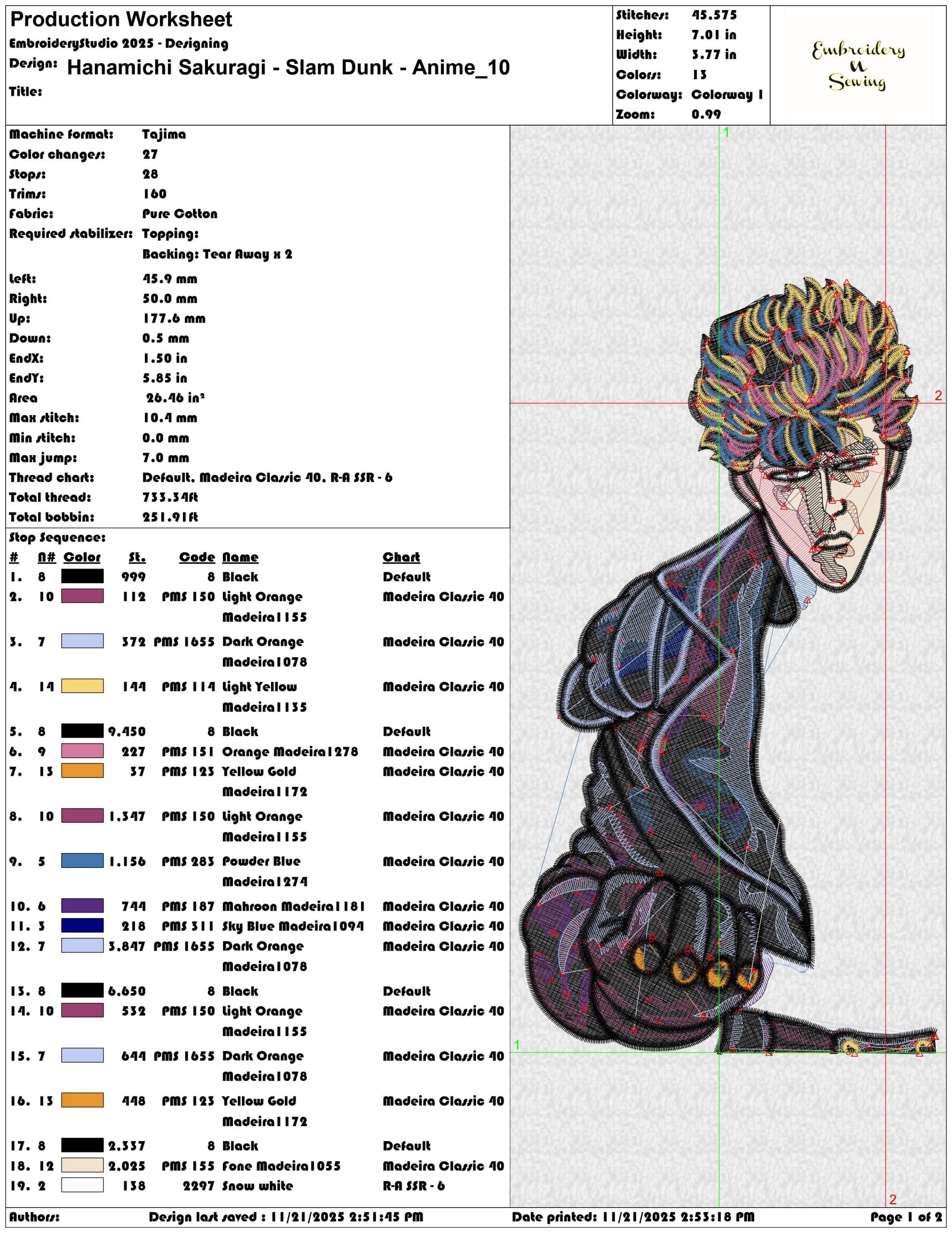 Hanamichi Sakuragi Slam Dunk Anime - Elegant embroidery design file - instant download — view 3