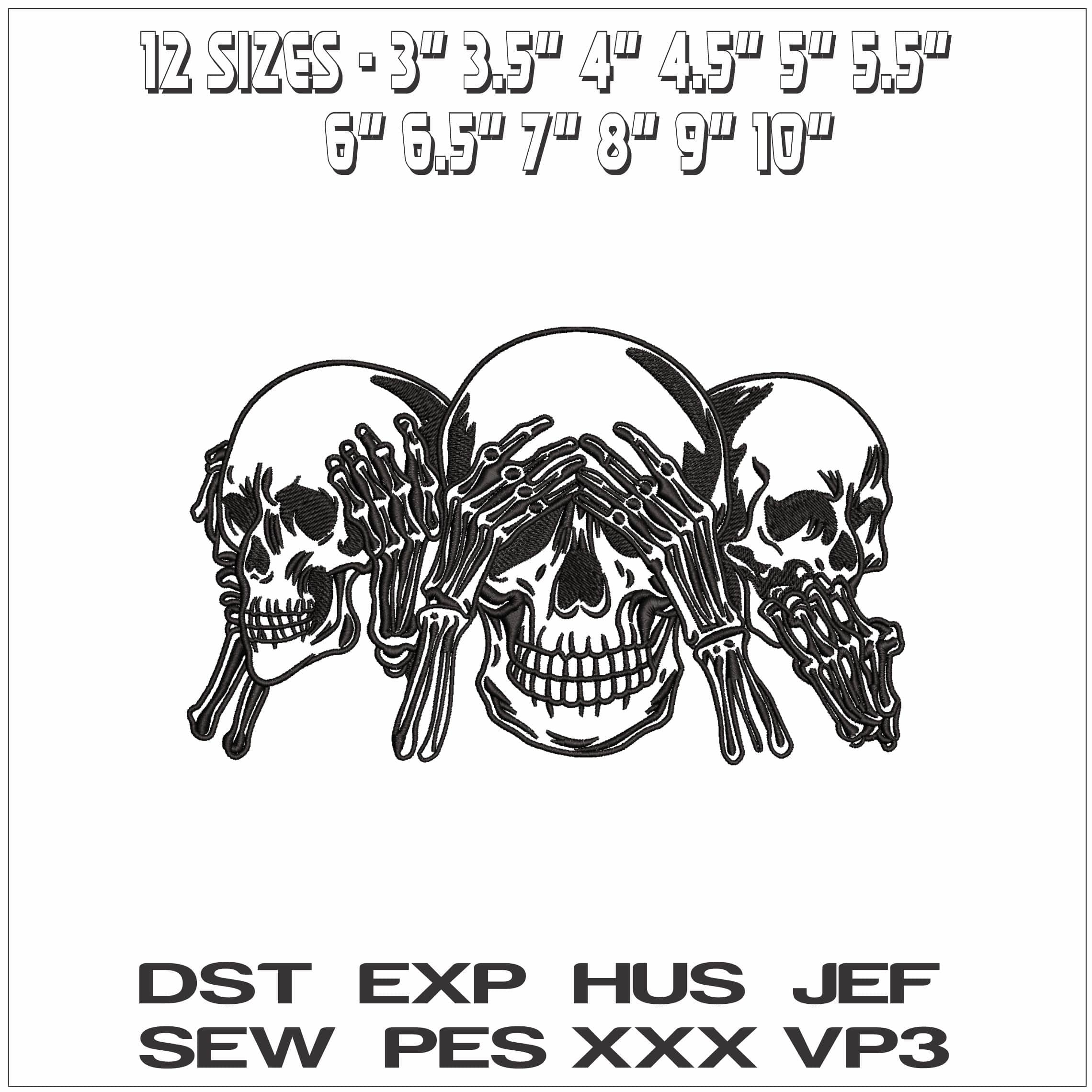 Hear no See no and Speak no Evil Skulls- Elegant embroidery design file - instant download — view 2