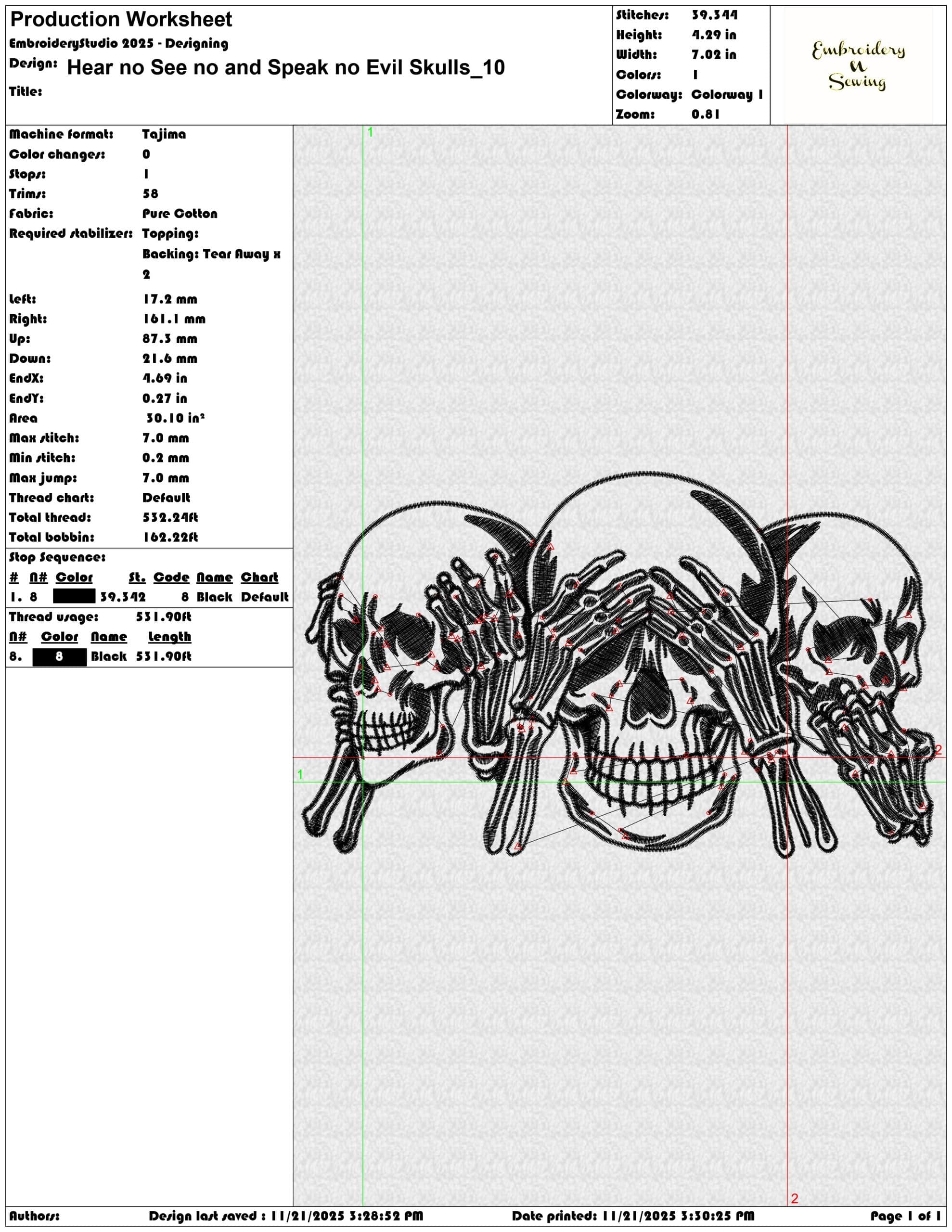 Hear no See no and Speak no Evil Skulls- Elegant embroidery design file - instant download — view 3