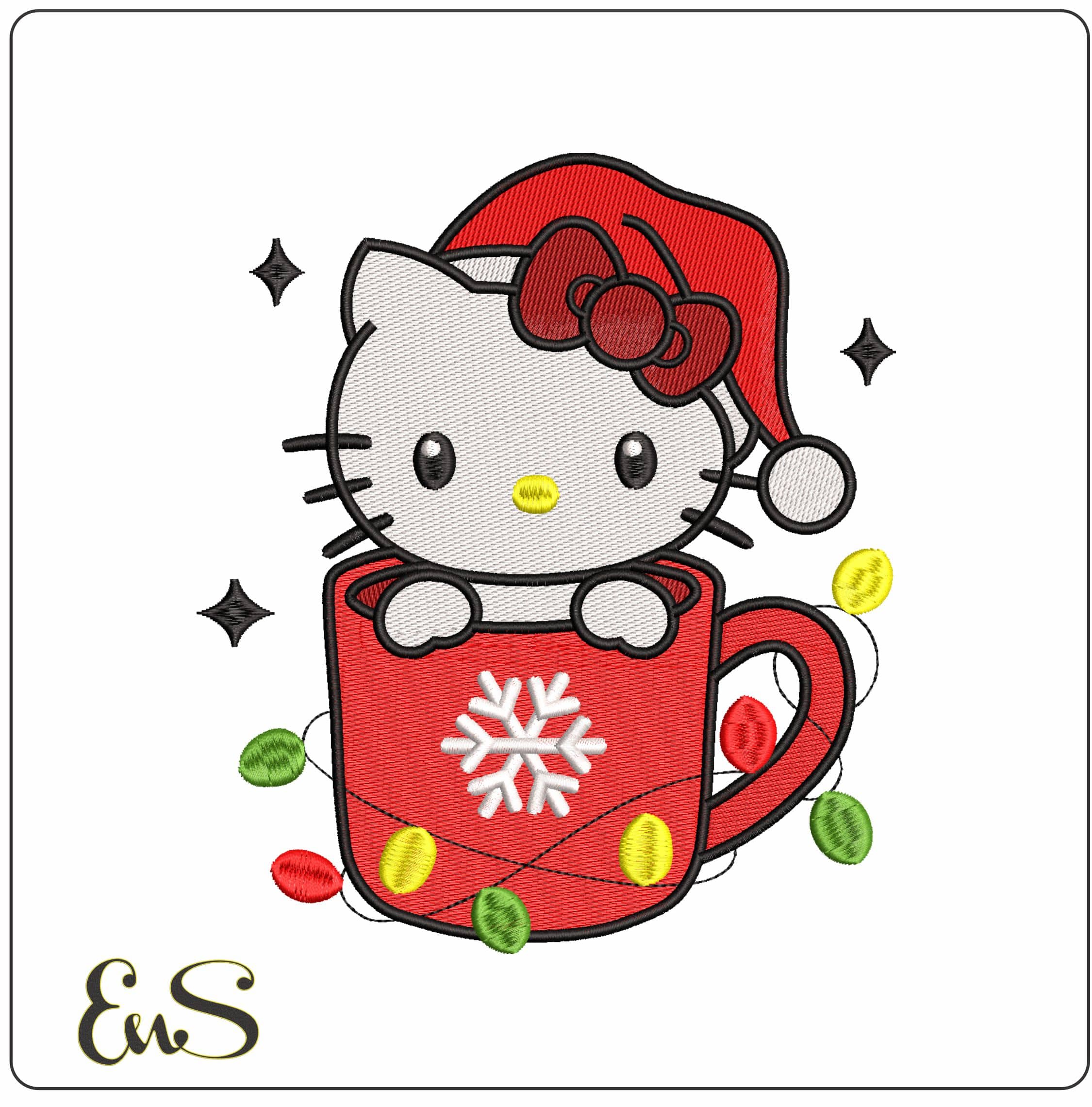 Hello Kitty Christmas Cup with Lights- Elegant embroidery design file - instant download