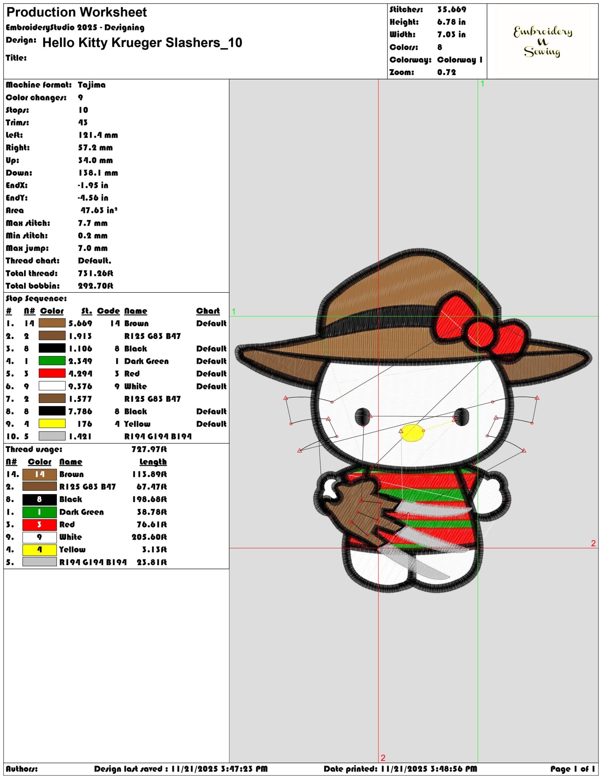 Hello Kitty Krueger Slashers- Elegant embroidery design file - instant download — view 3