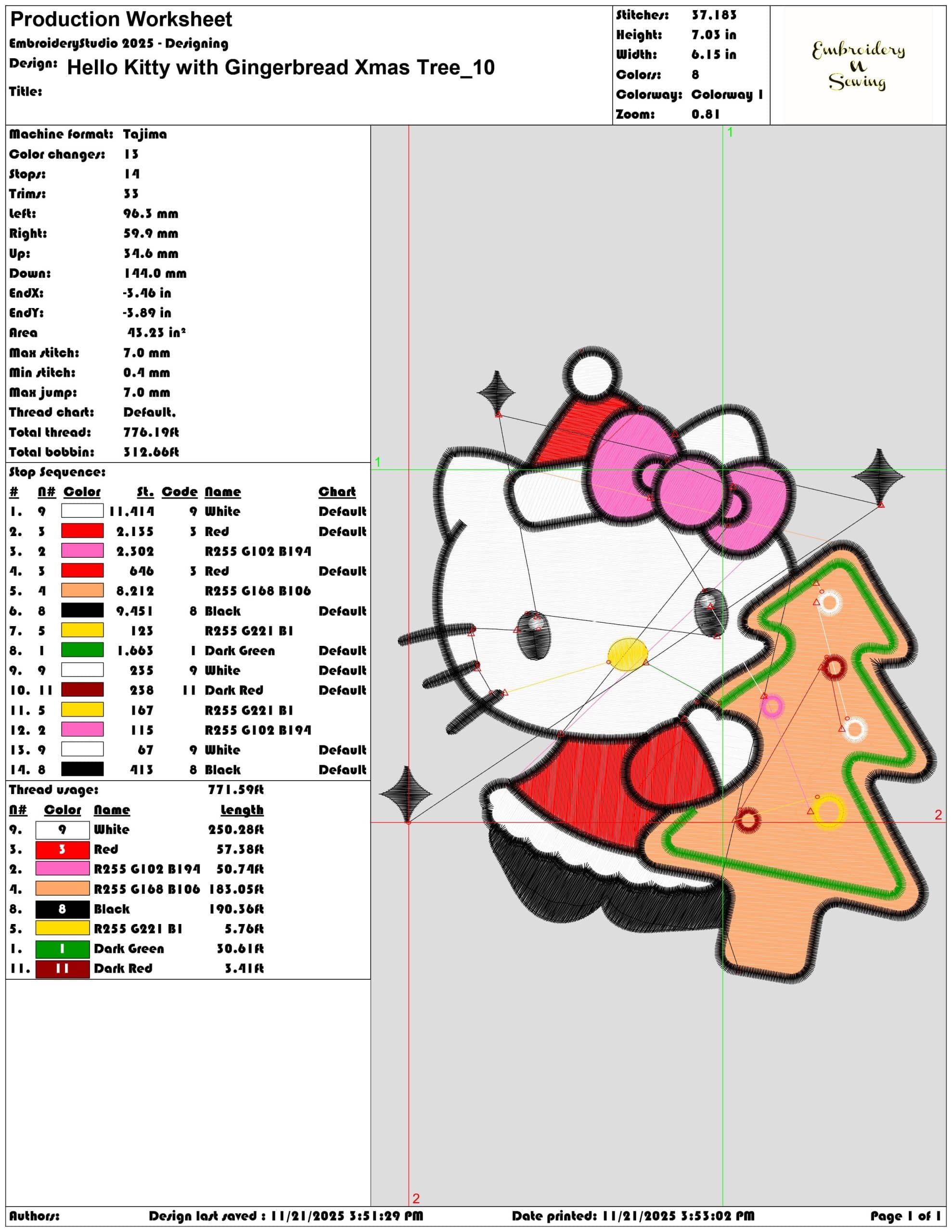 Hello Kitty with Gingerbread Xmas Tree- Elegant embroidery design file - instant download — view 3