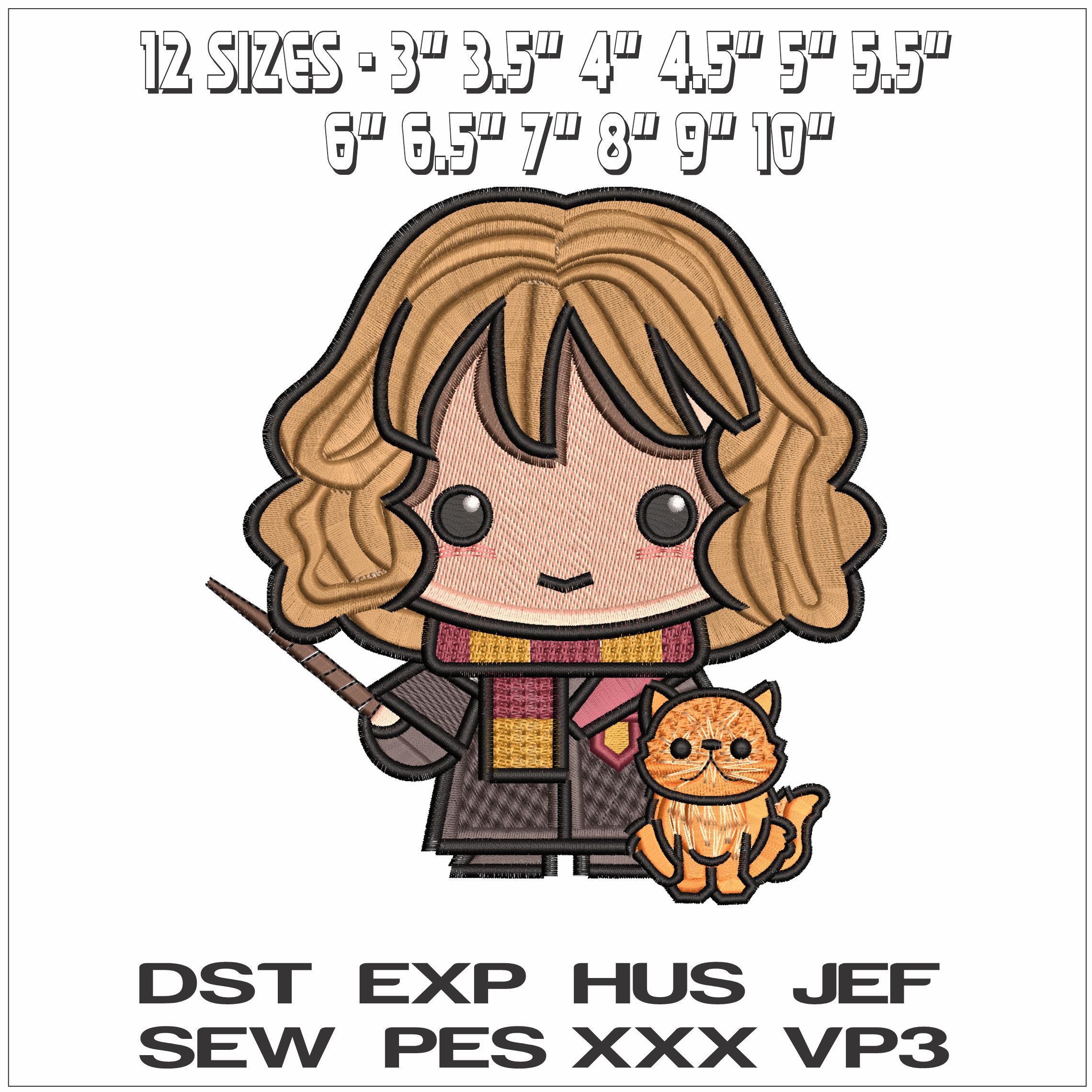 Hermonine with Crookshanks Chibi Harry Potter- Elegant embroidery design file - instant download — view 2