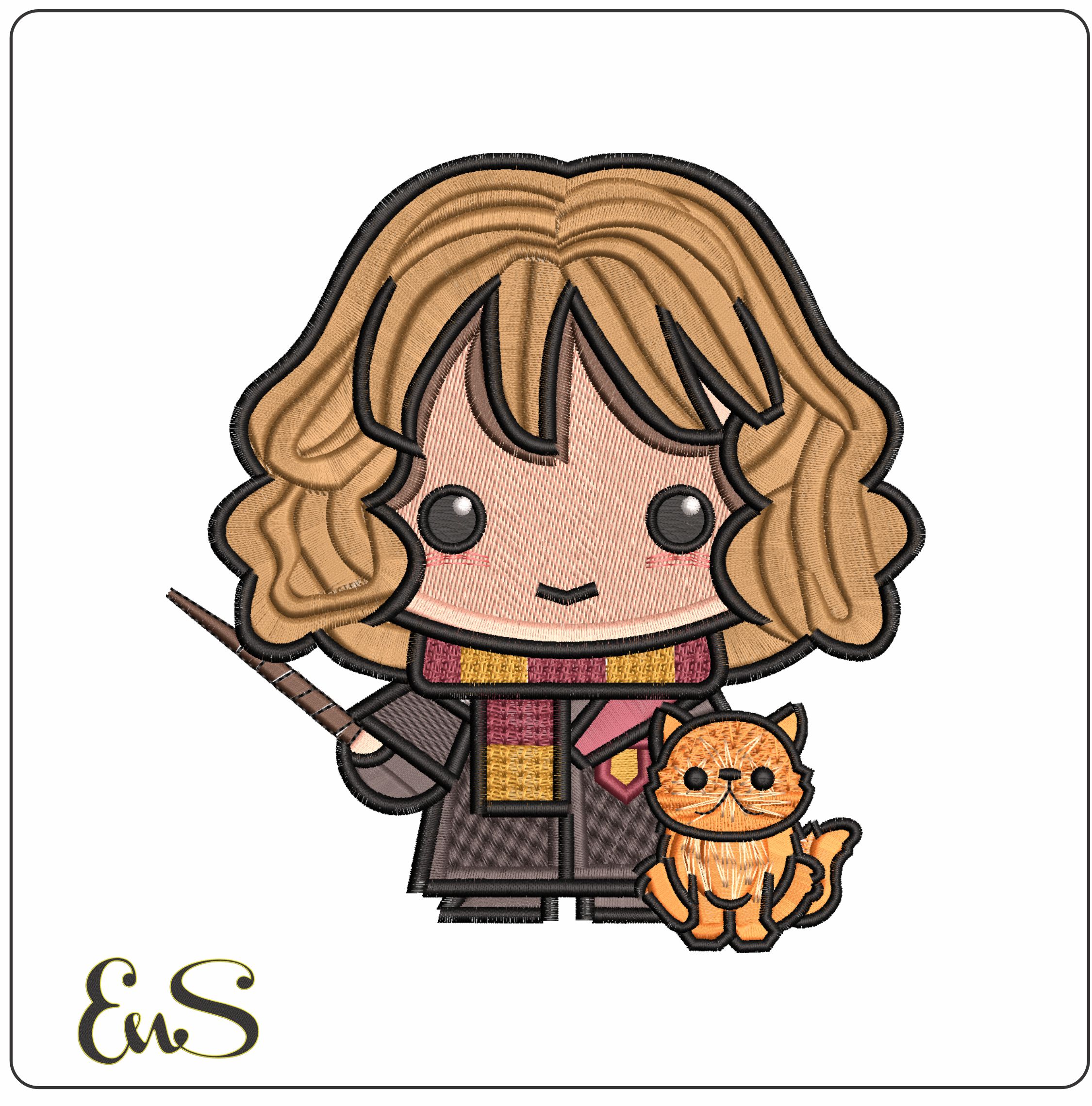 Hermonine with Crookshanks Chibi Harry Potter- Elegant embroidery design file - instant download
