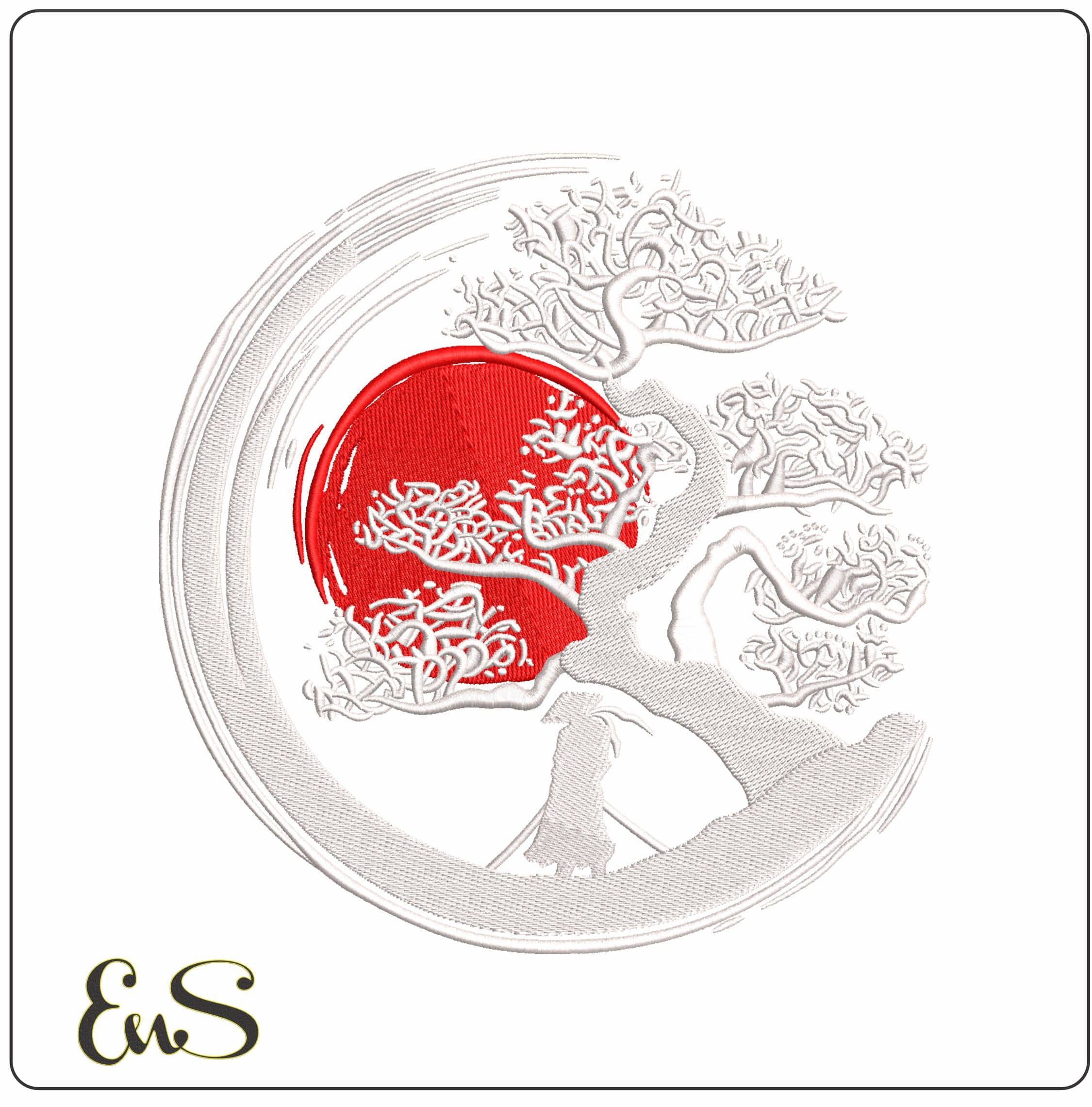 Japanese cherry tree and Sun- Elegant embroidery design file - instant download