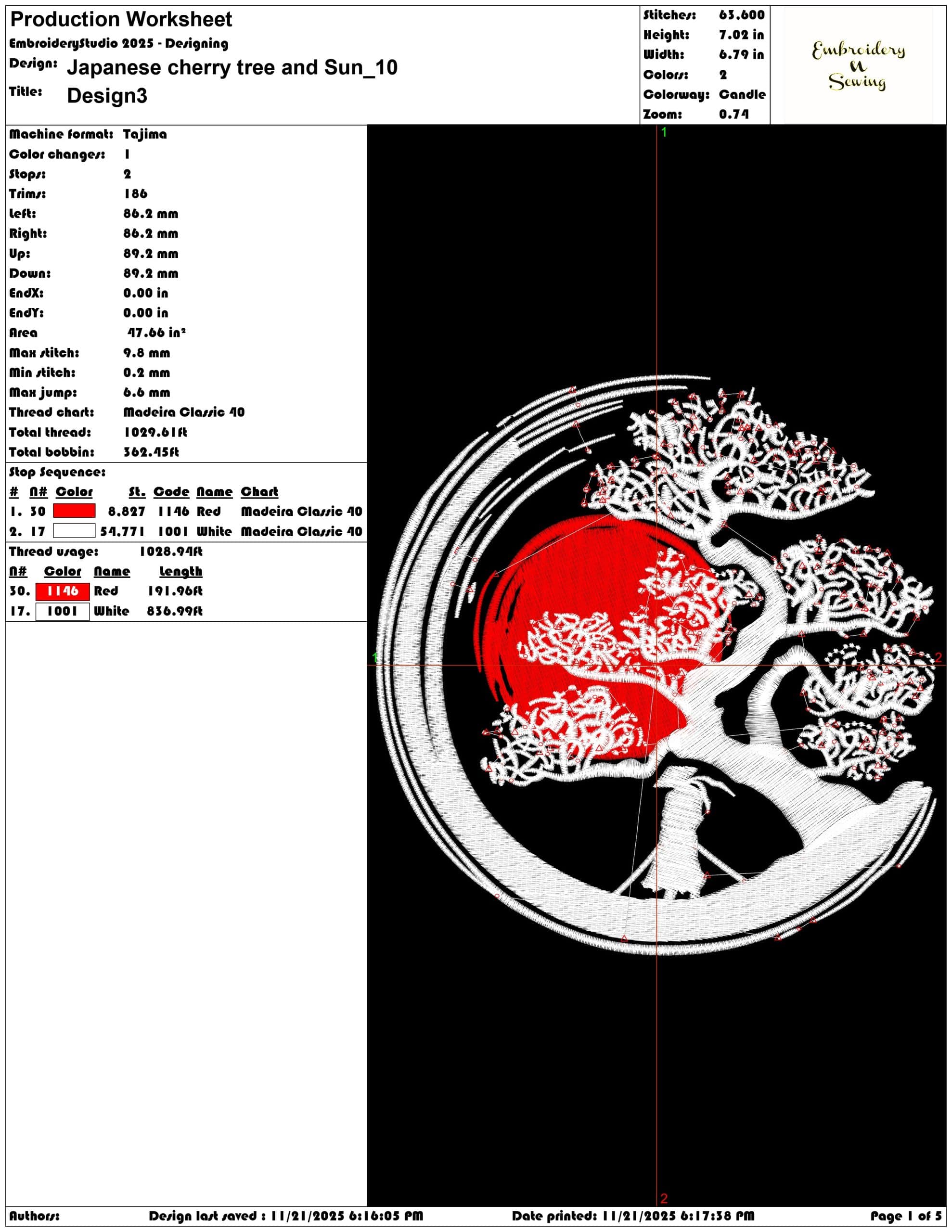 Japanese cherry tree and Sun- Elegant embroidery design file - instant download — view 3