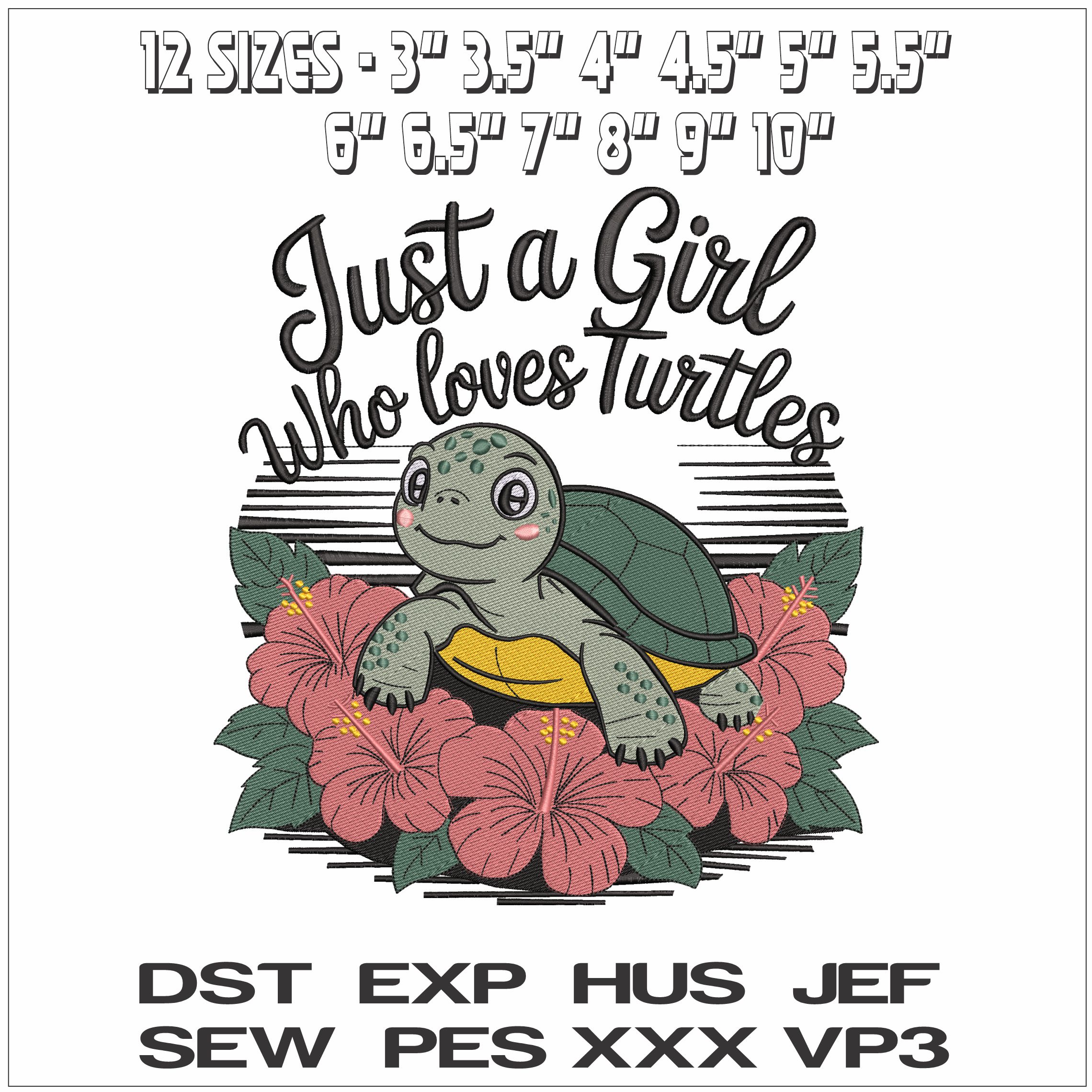 Just a Girl a Little Turtle- Elegant embroidery design file - instant download — view 2