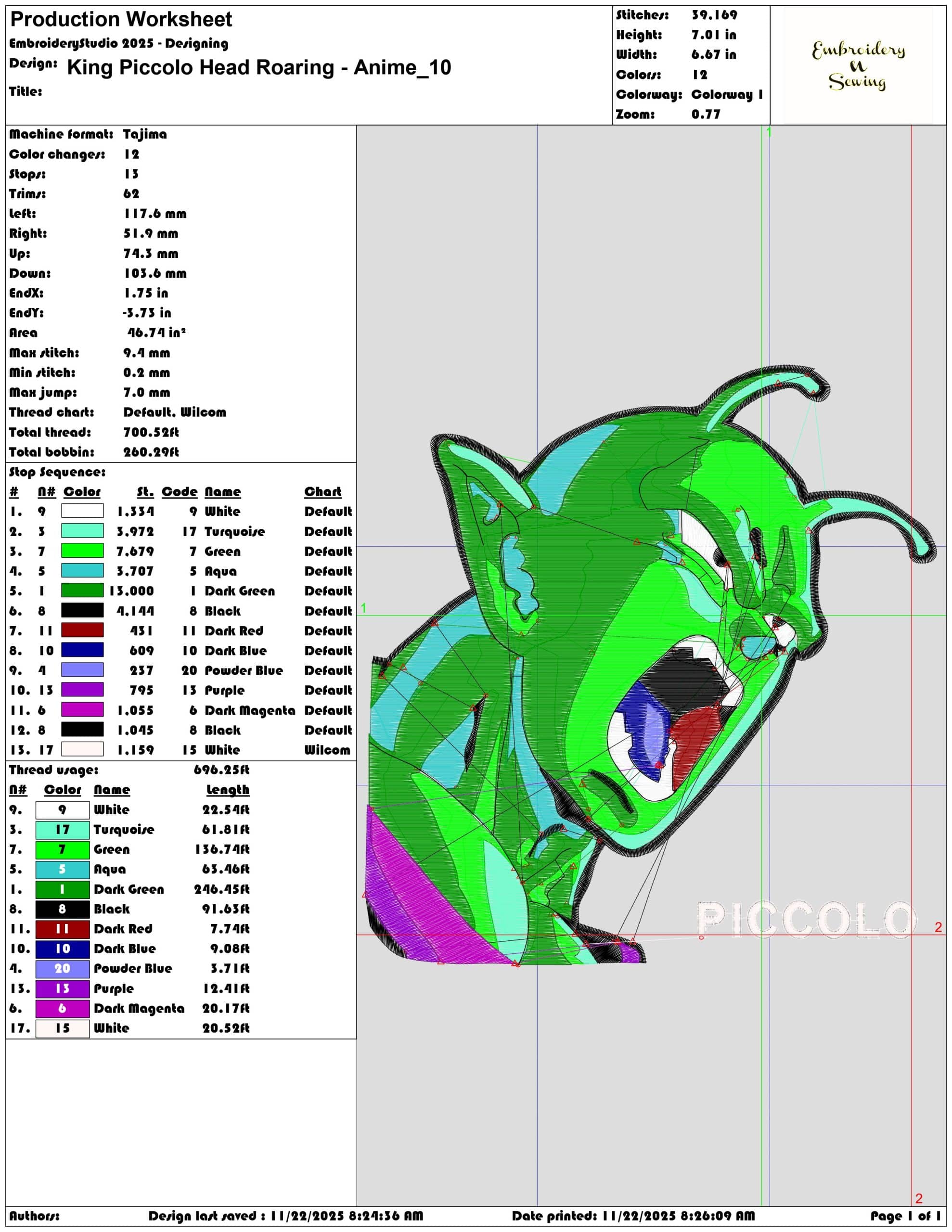 King Piccolo Head Roaring Anime- Elegant embroidery design file - instant download — view 3