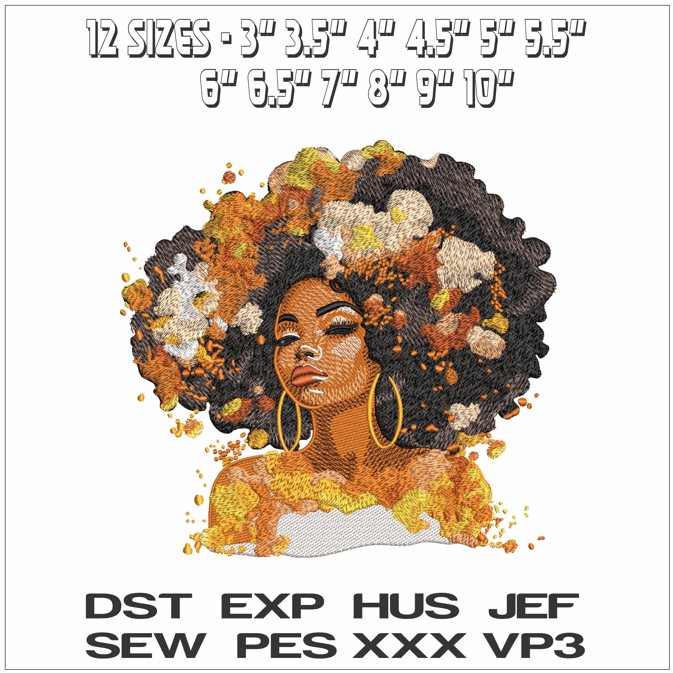 Lady with Afro and flowers- Elegant embroidery design file - instant download — view 2